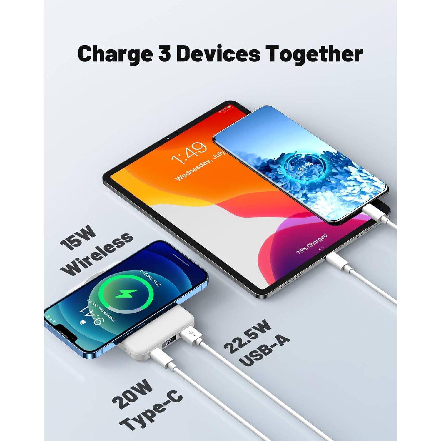 Chargeur portatif sans fil magnétique, chargeur portable 22,5&nbsp;W PD, batterie 10000&nbsp;mAh pliable avec écran DEL, recharge rapide pour iPhone