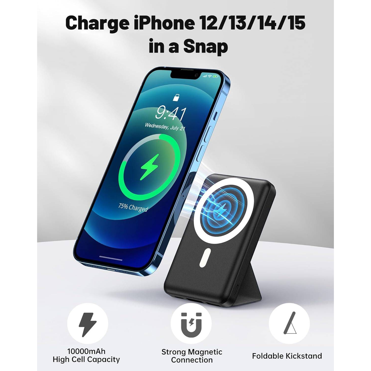 Chargeur portatif sans fil magnétique, chargeur portable 22,5&nbsp;W PD, batterie 10000&nbsp;mAh pliable avec écran DEL, recharge rapide pour iPhone