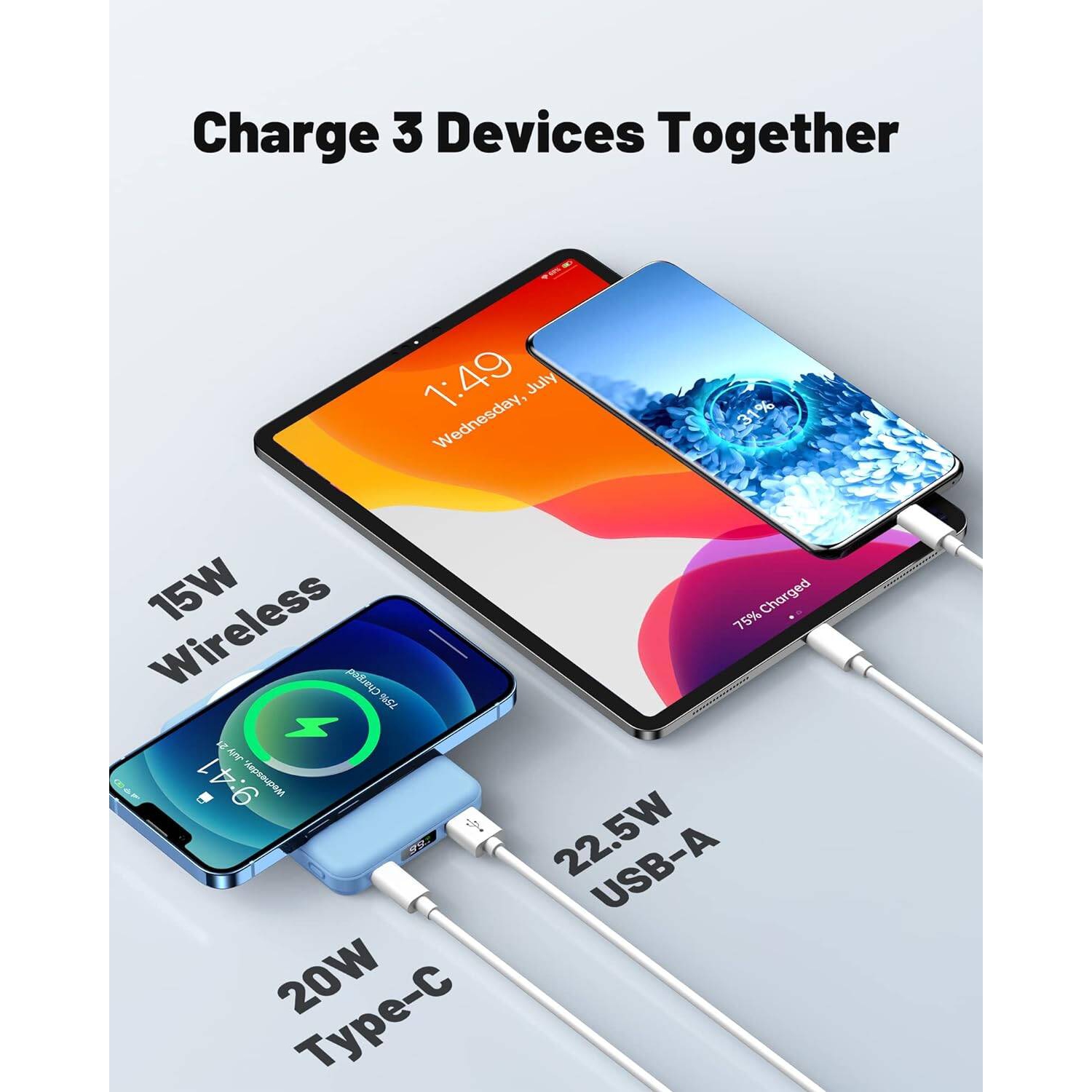 Chargeur portatif sans fil magnétique, chargeur 22,5 W PD, batterie 10000 mAh pliable avec écran DEL, recharge rapide pour iPhone