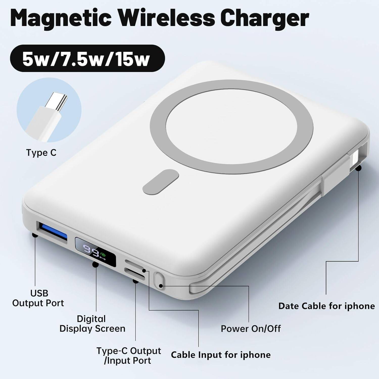 Magnetic Wireless Power Bank ,10000mAh Portable Charger 22.5W PD Fast Charging with LED Display, Magnetic Battery Pack for iPhone