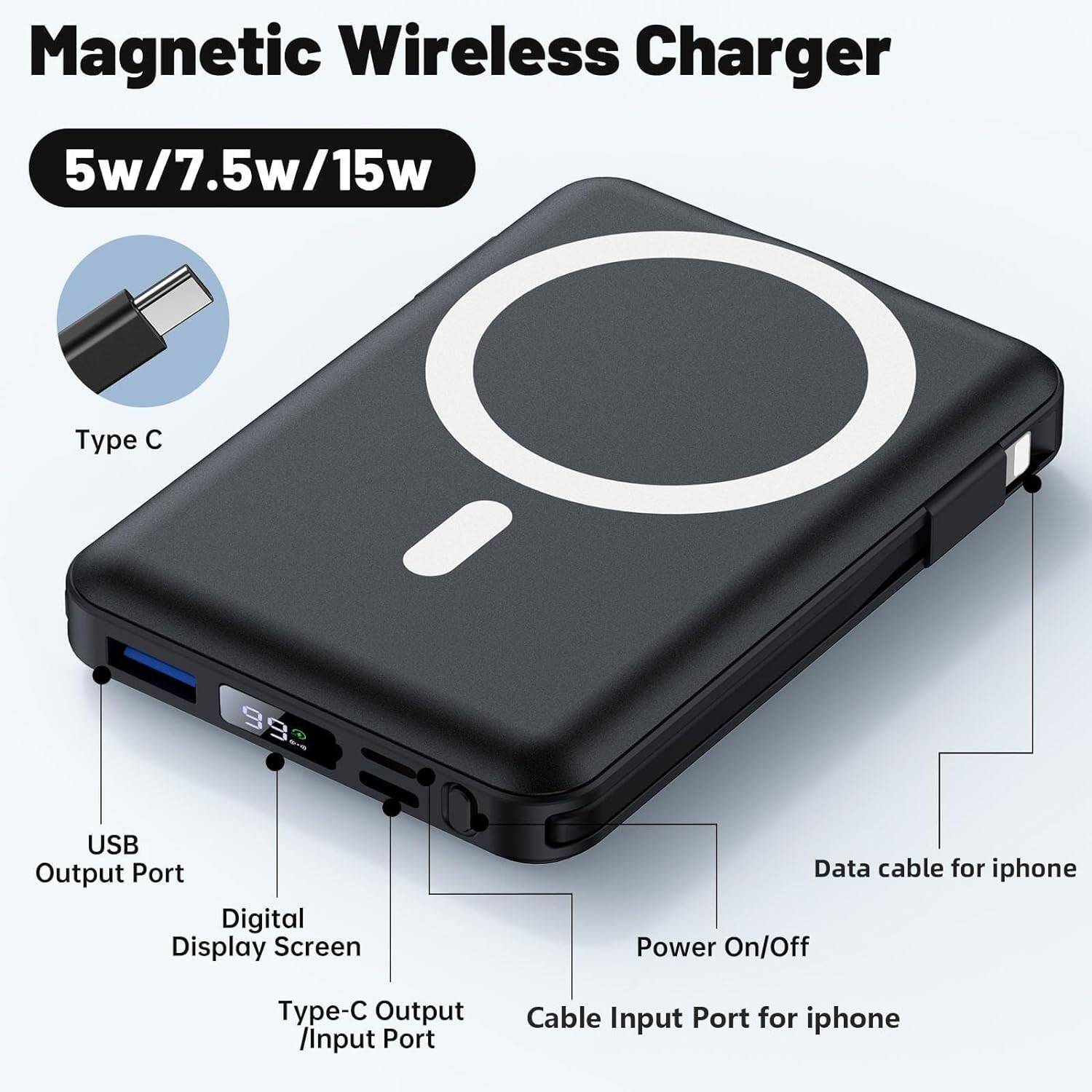 Chargeur portable magnétique sans fil, chargeur portatif 10000&nbsp;mAh, recharge rapide 22,5&nbsp;W PD avec écran DEL, batterie magnétique pour