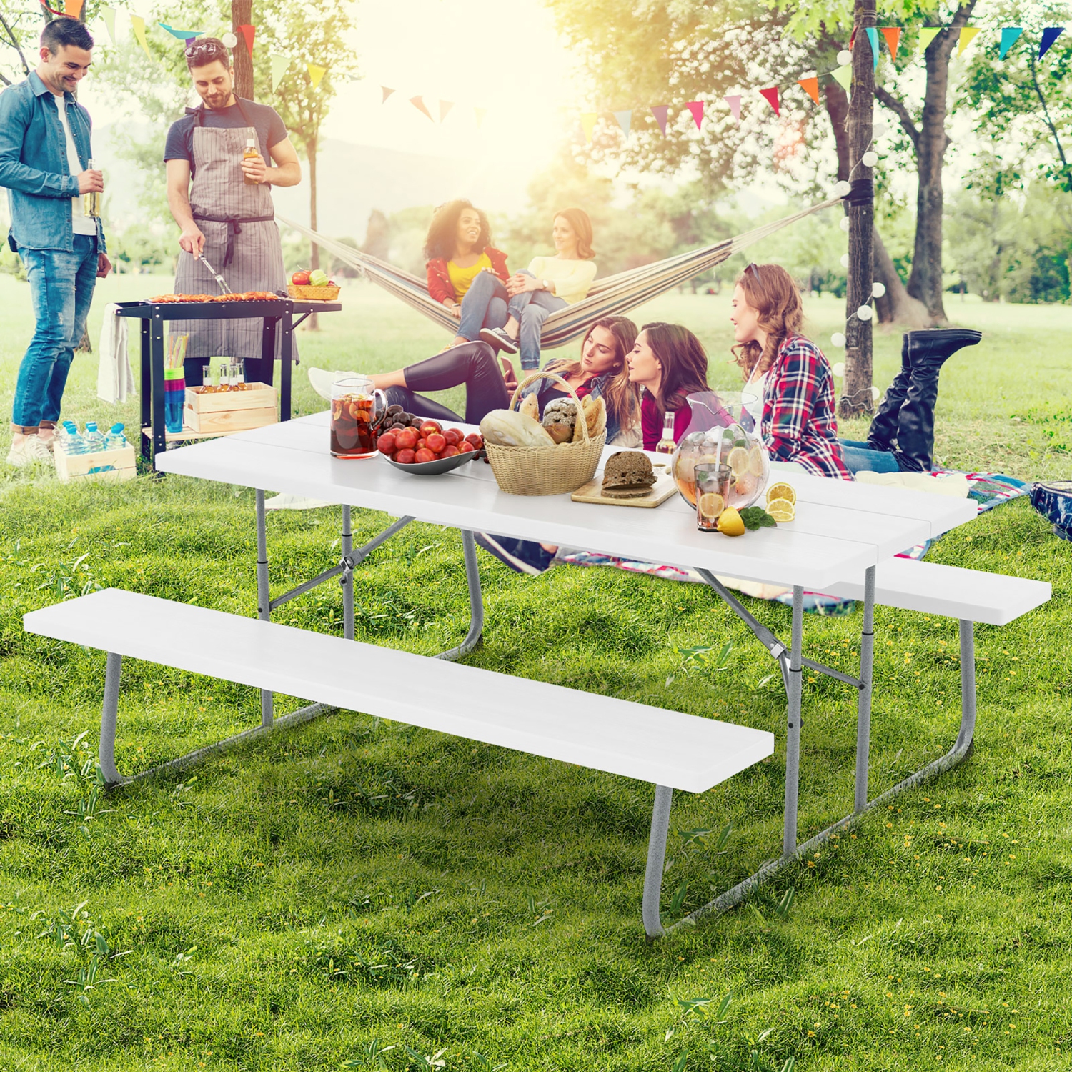 Gymax Folding Picnic Table w/ 2 Benches 6 FT Camping Table Set w/ All-Weather HDPE Tabletop White