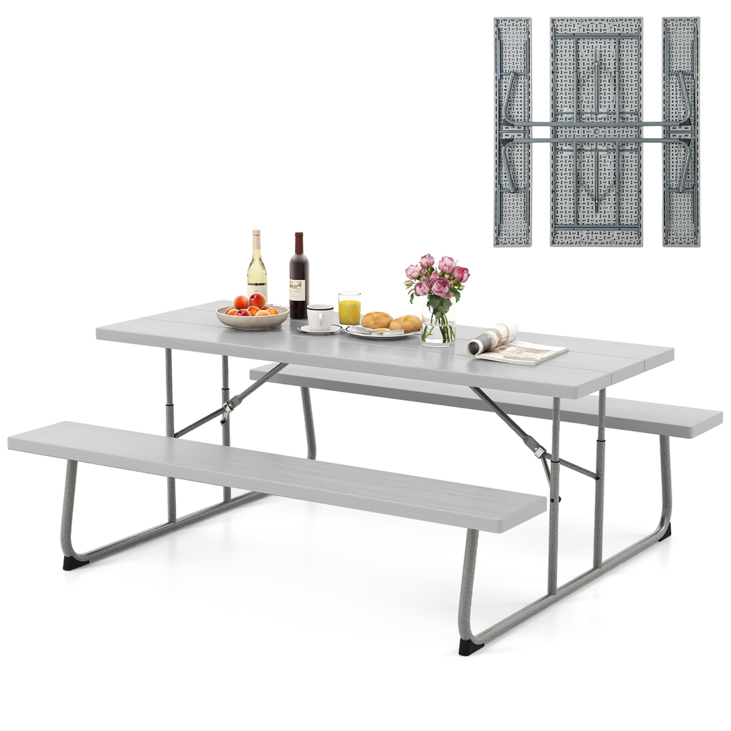 Gymax Folding Picnic Table w/ 2 Benches 6 FT Camping Table Set w/ All-Weather HDPE Tabletop Grey