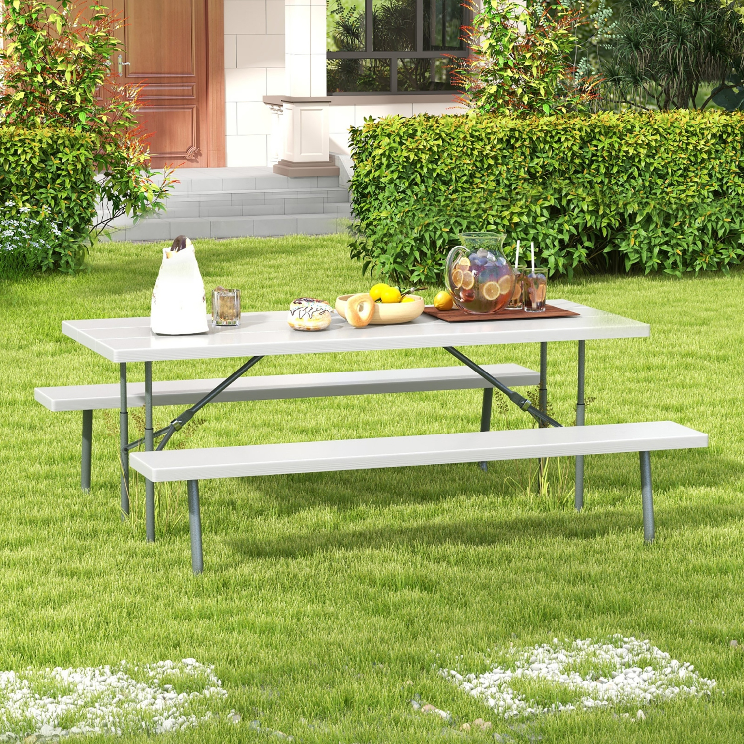 Gymax Folding Picnic Table w/ 2 Benches 6 FT Camping Table Set w/ All-Weather HDPE Tabletop Grey