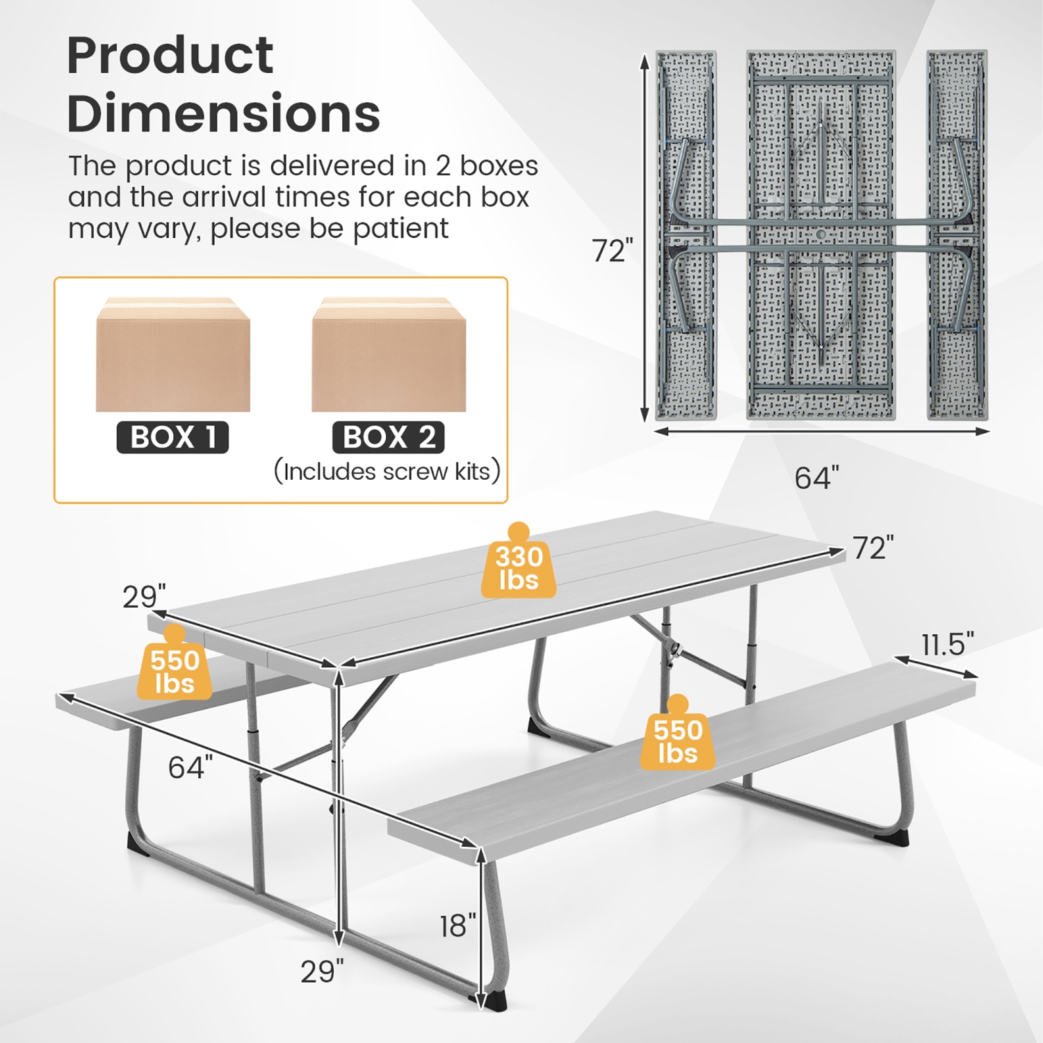 Gymax Folding Picnic Table w/ 2 Benches 6 FT Camping Table Set w/ All-Weather HDPE Tabletop Grey