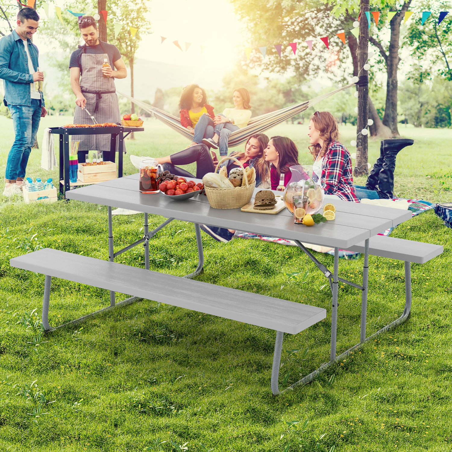 Gymax Folding Picnic Table w/ 2 Benches 6 FT Camping Table Set w/ All-Weather HDPE Tabletop Grey