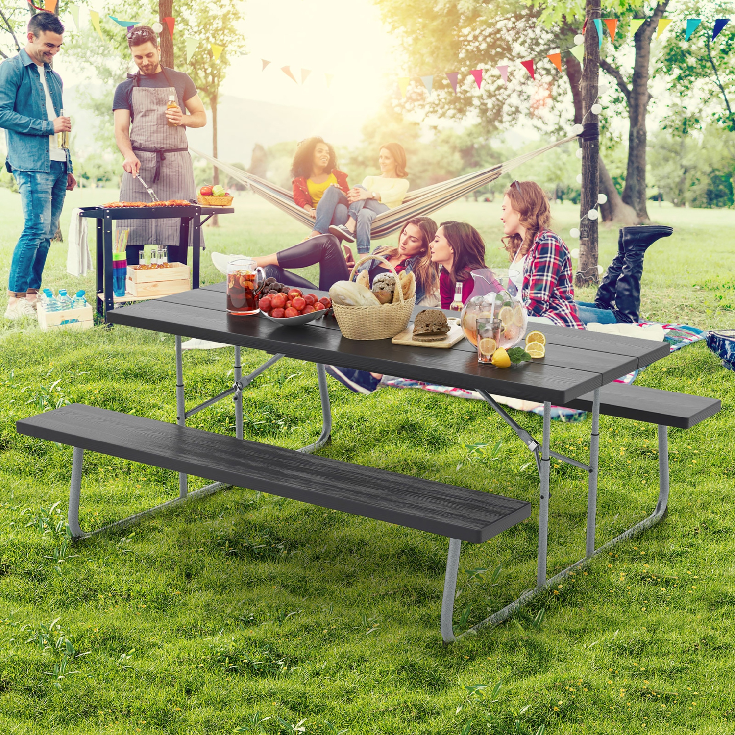 Gymax Folding Picnic Table w/ 2 Benches 6 FT Camping Table Set w/ Metal Frame