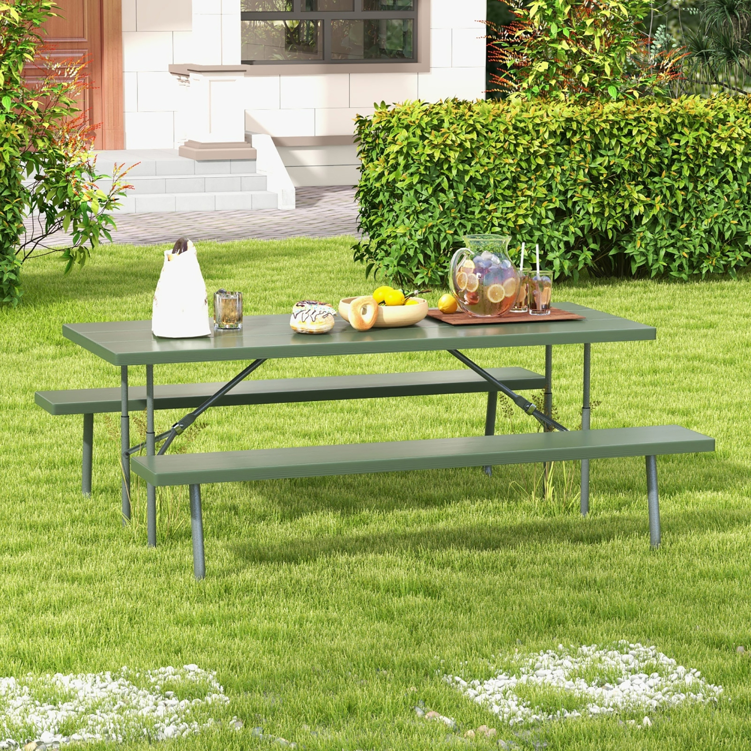 Gymax Folding Picnic Table w/ 2 Benches 6 FT Camping Table Set w/ All-Weather HDPE Tabletop Green