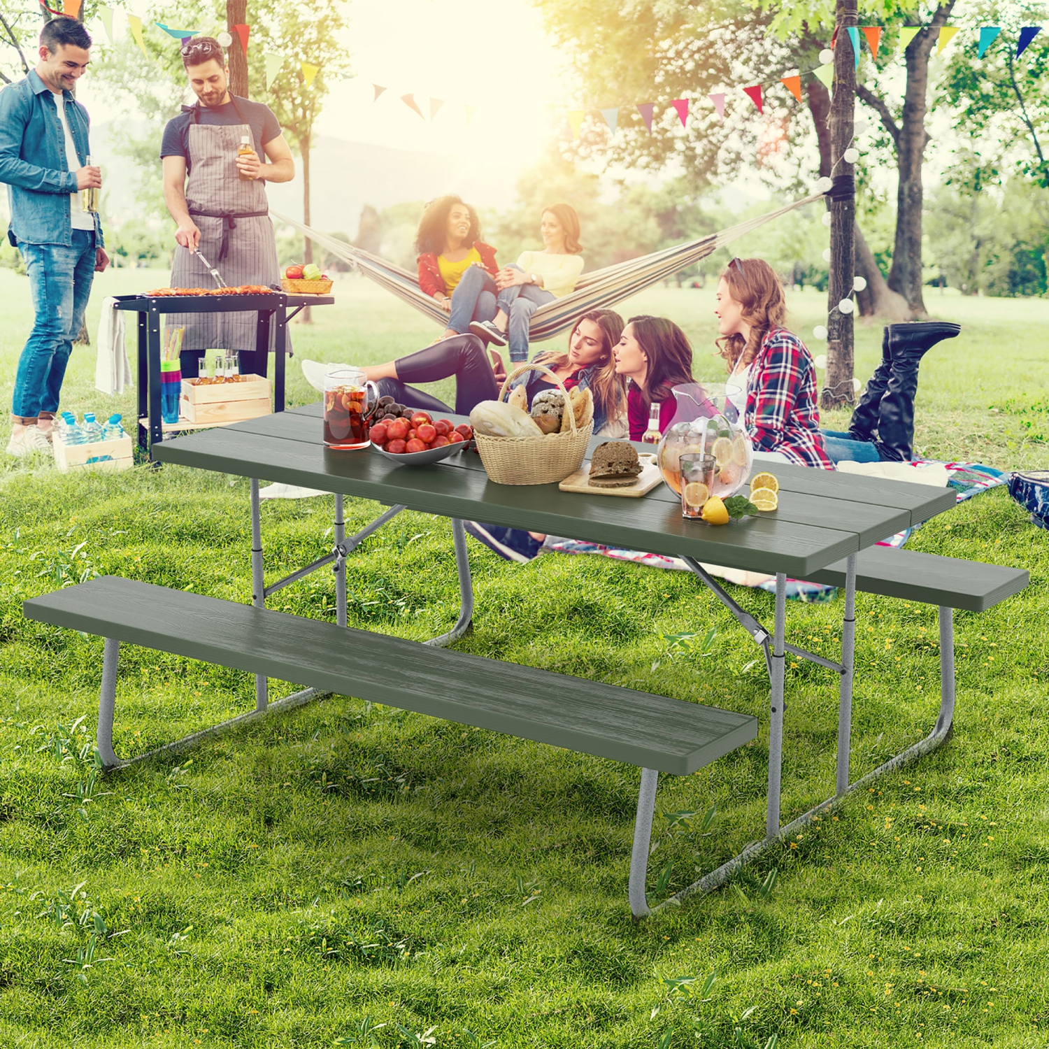 Gymax Folding Picnic Table w/ 2 Benches 6 FT Camping Table Set w/ All-Weather HDPE Tabletop Green