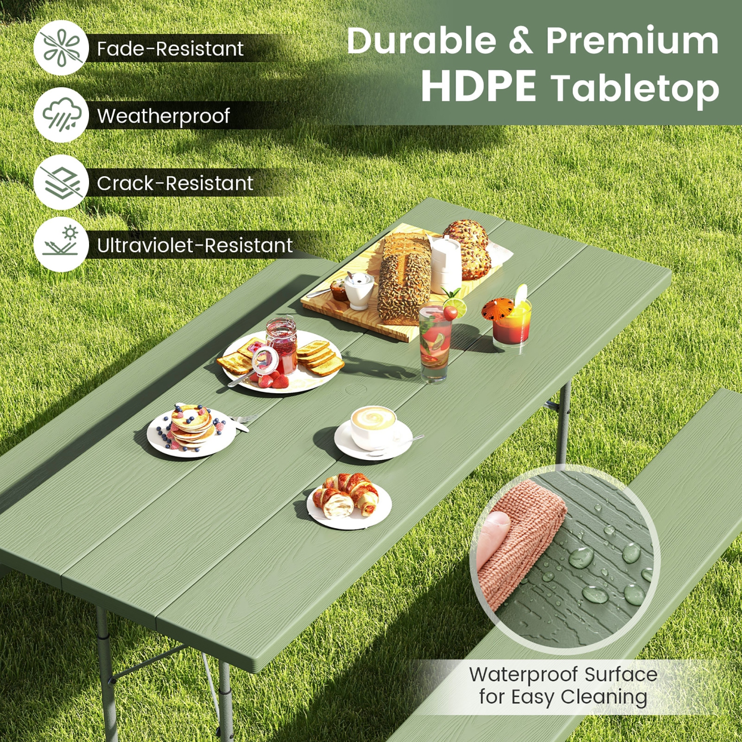 Gymax Folding Picnic Table w/ 2 Benches 6 FT Camping Table Set w/ All-Weather HDPE Tabletop Green