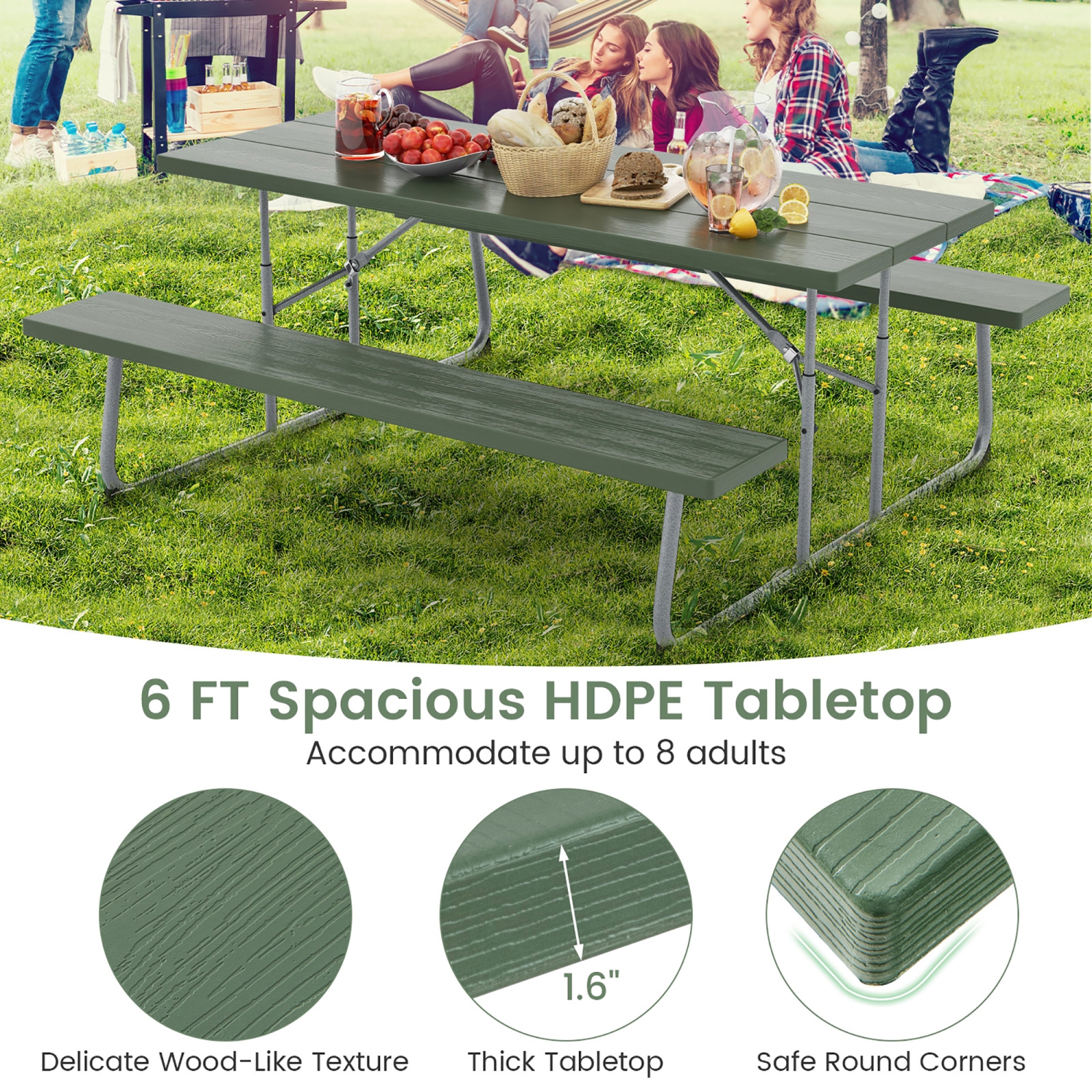 Gymax Folding Picnic Table w/ 2 Benches 6 FT Camping Table Set w/ All-Weather HDPE Tabletop Green