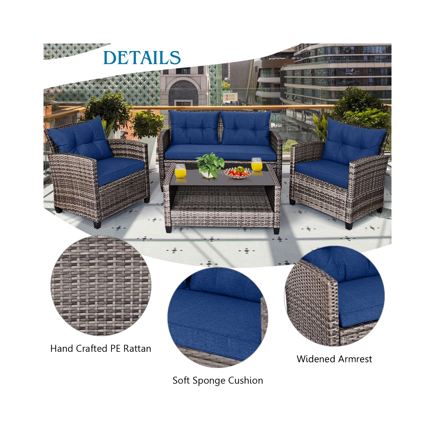 Gymax 4PCS Rattan Furniture Set Coffee Table Cushioned Sofa Garden Lawn Patio Navy