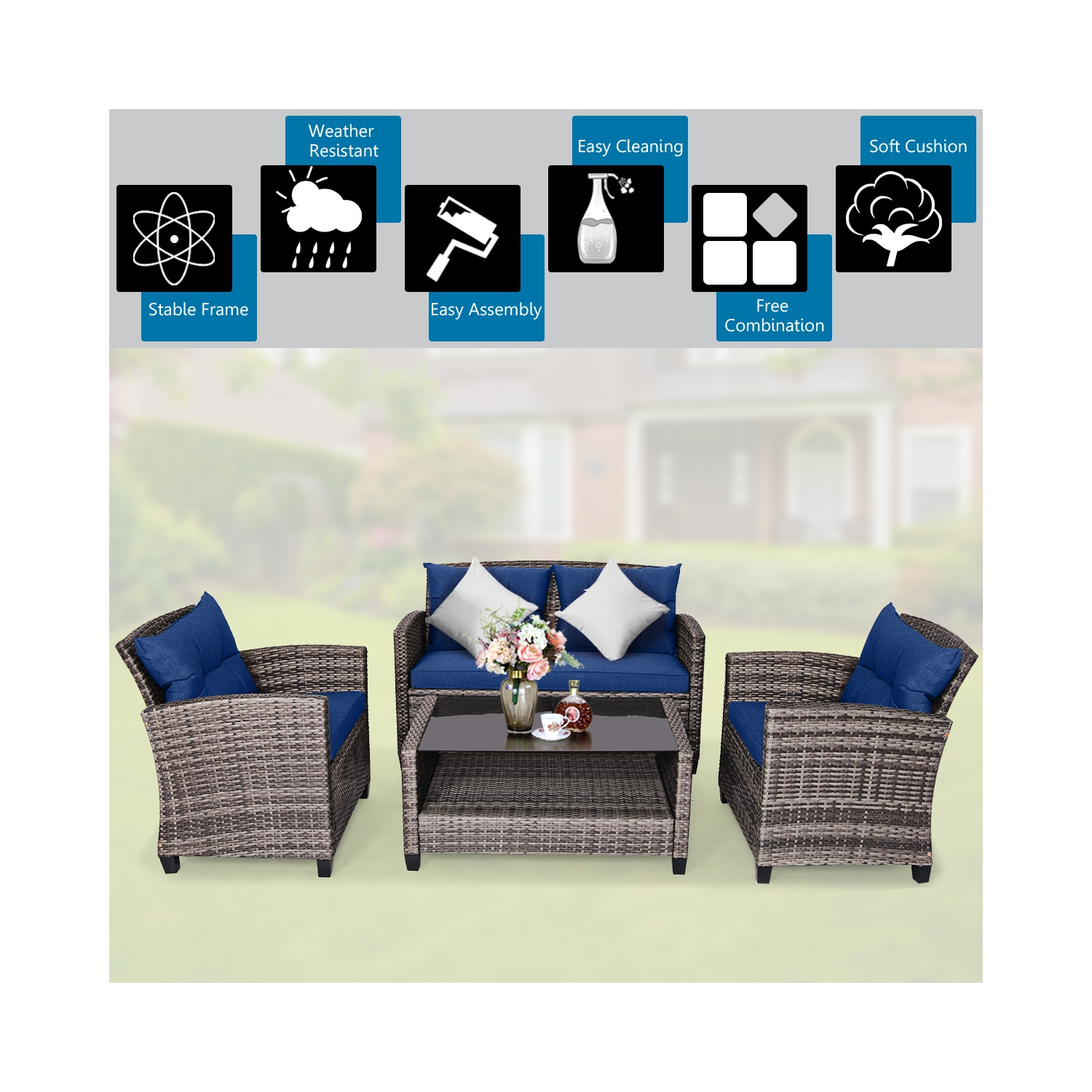 Gymax 4PCS Rattan Furniture Set Coffee Table Cushioned Sofa Garden Lawn Patio Navy