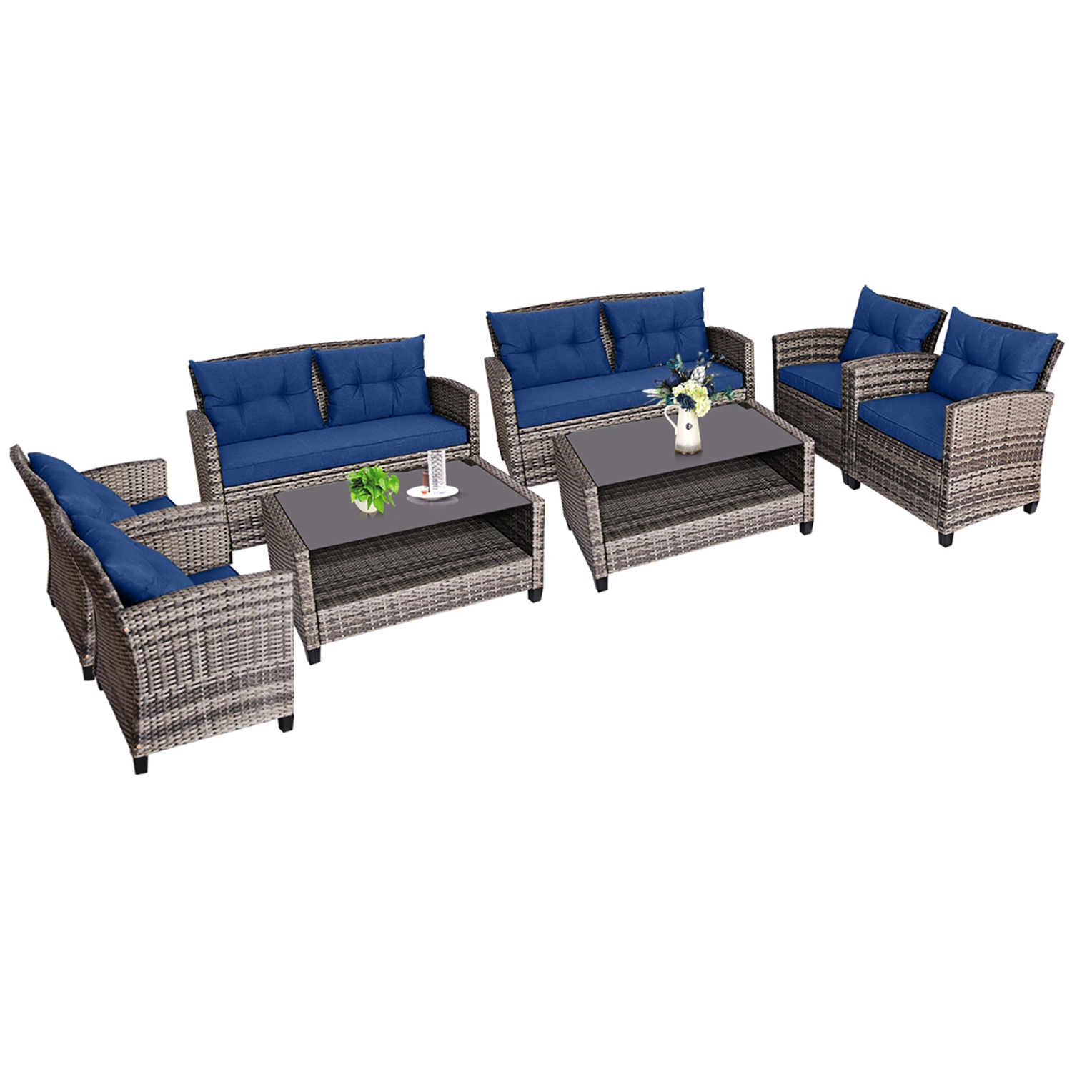 Gymax 8 PCS Patio Rattan Furniture Set Coffee Table Cushioned Sofa Garden Lawn Navy