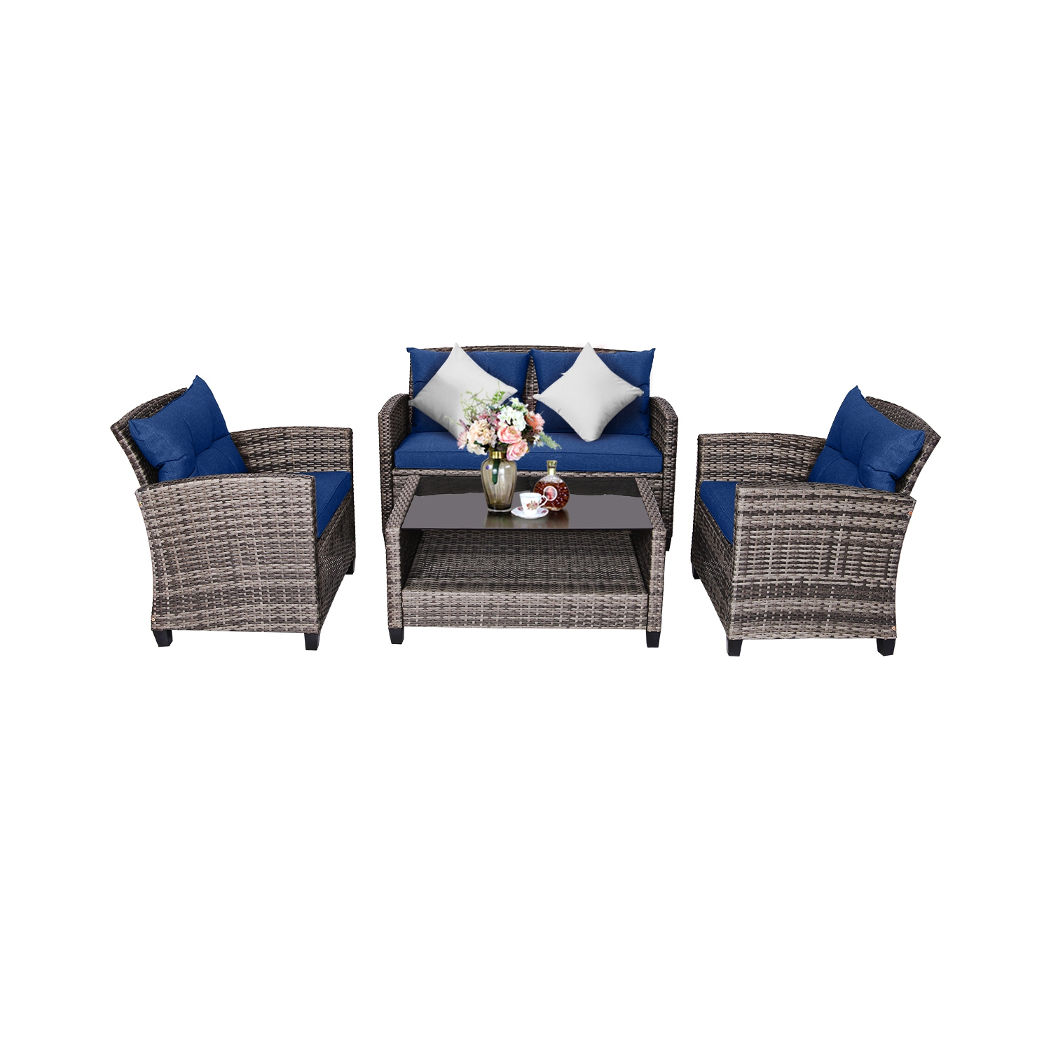 Gymax 8 PCS Patio Rattan Furniture Set Coffee Table Cushioned Sofa Garden Lawn Navy