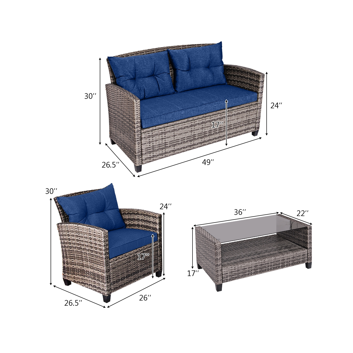 Gymax 8 PCS Patio Rattan Furniture Set Coffee Table Cushioned Sofa Garden Lawn Navy