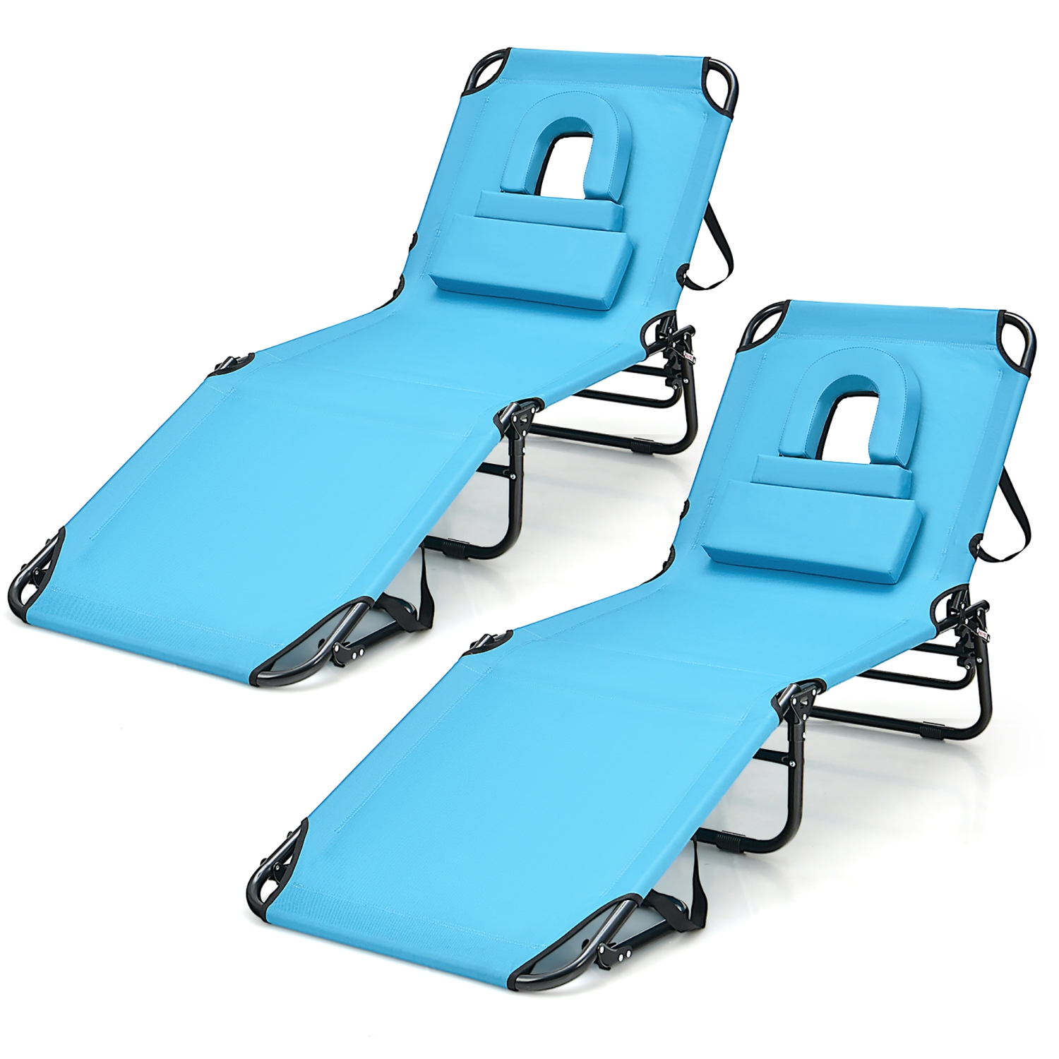 Gymax 2PCS Beach Chaise Lounge Chair w/ Face Hole Pillows & Adjustable Backrest