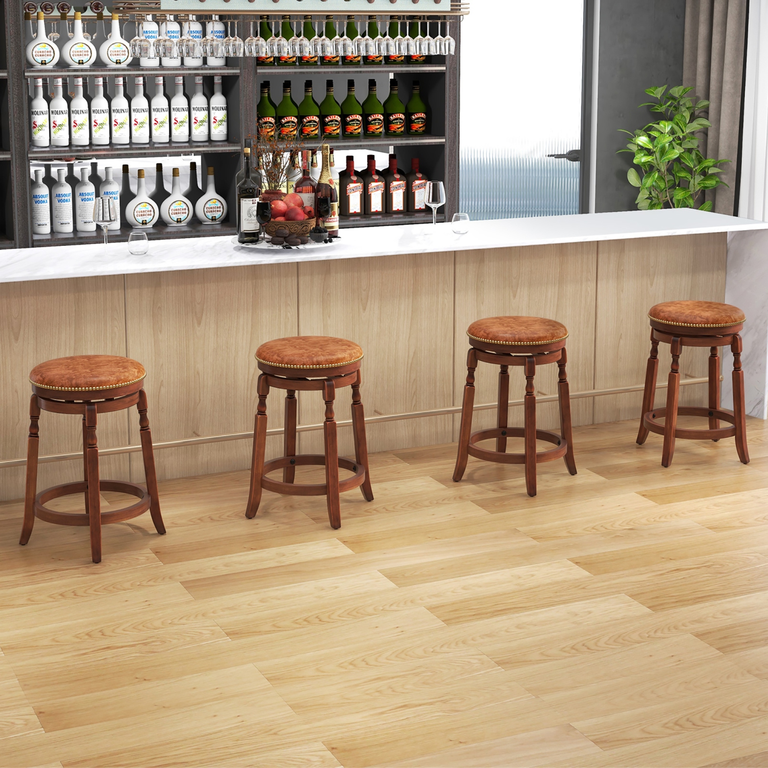 Gymax Counter Height Bar Stool Set of 4 24Inch Swivel Stool Solid Wood Frame Kitchen Stools
