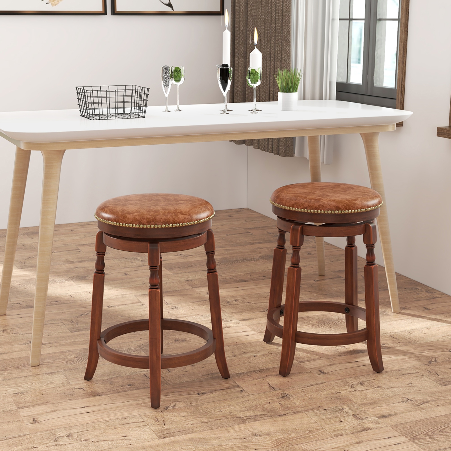 Gymax Counter Height Bar Stool Set of 4 24Inch Swivel Stool Solid Wood Frame Kitchen Stools