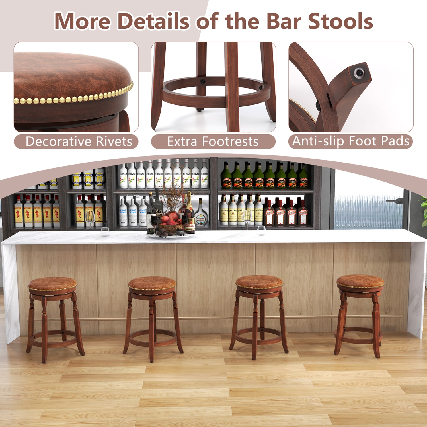 Gymax Counter Height Bar Stool Set of 4 24Inch Swivel Stool Solid Wood Frame Kitchen Stools