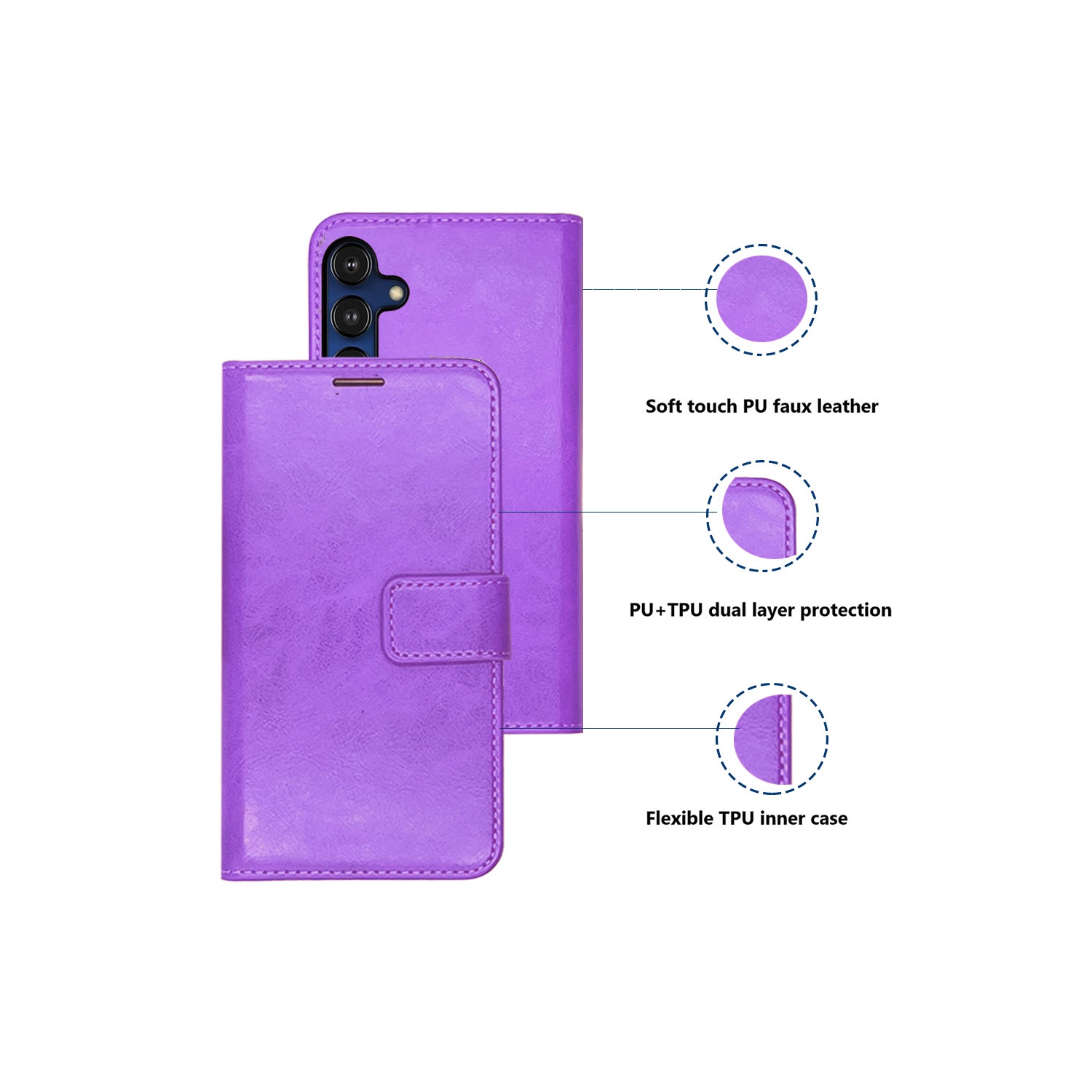 XCRS – Étui portefeuille en cuir pu à rabat avec fente pour carte, dragonne avec dragonne et support à angles multiples pour Samsung Galaxy A15 5G