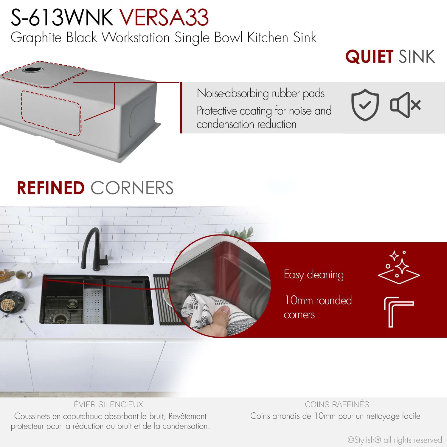 Élégant évier de cuisine Versa33 sous comptoir de 33&nbsp;po calibre 16, noir graphite, avec accessoires noirs S-613WNK