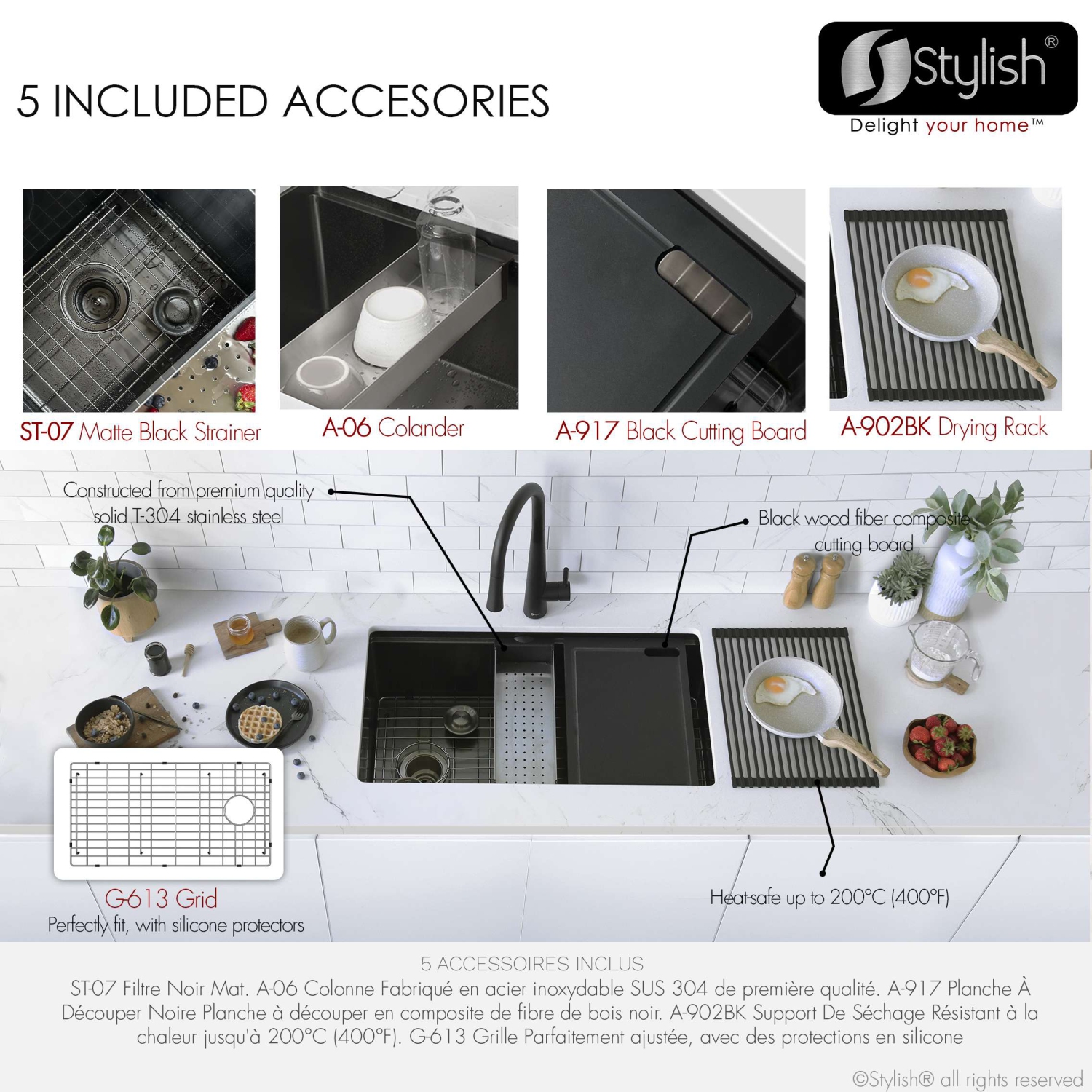 Élégant évier de cuisine Versa33 sous comptoir de 33&nbsp;po calibre 16, noir graphite, avec accessoires noirs S-613WNK