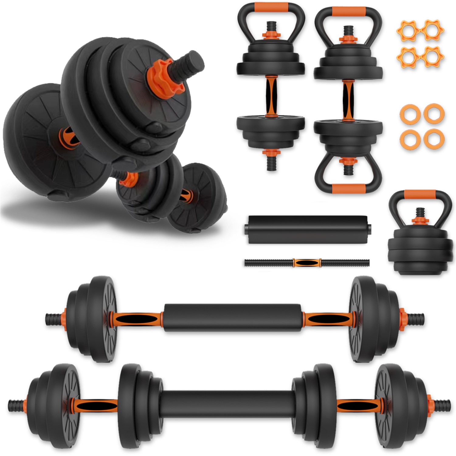 AIO Weight Adjustable Dumbbells Light (1.65 lbs to 55 lbs), Dumbbells, Barbells, Kettlebell, Push-Up Bars for Full Body Workout and Muscle Toning for home gym