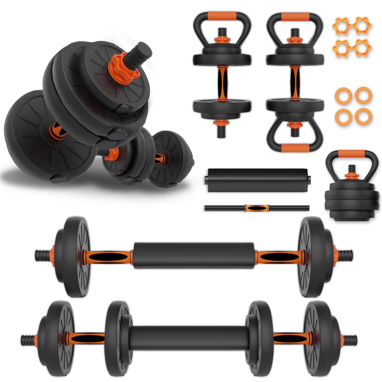 AIO Weight Adjustable Dumbbells Light (1.65 lbs to 33 lbs), Dumbbells, Barbells, Kettlebell, Push-Up Bars for Full Body Workout and Muscle Toning for home gym