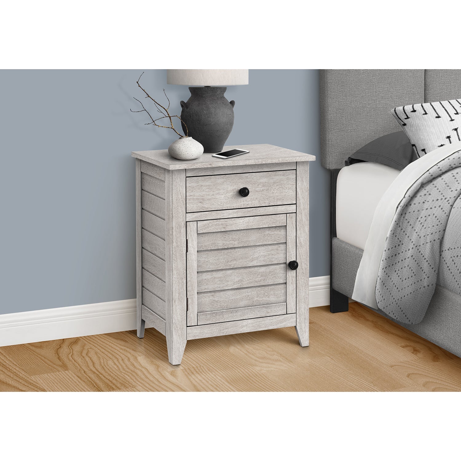Monarch Specialties I 3950 - Accent Table, Nightstand, Storage Drawer, End, Side Table, Bedroom, Lamp, Storage, Grey Veneer, Transitional