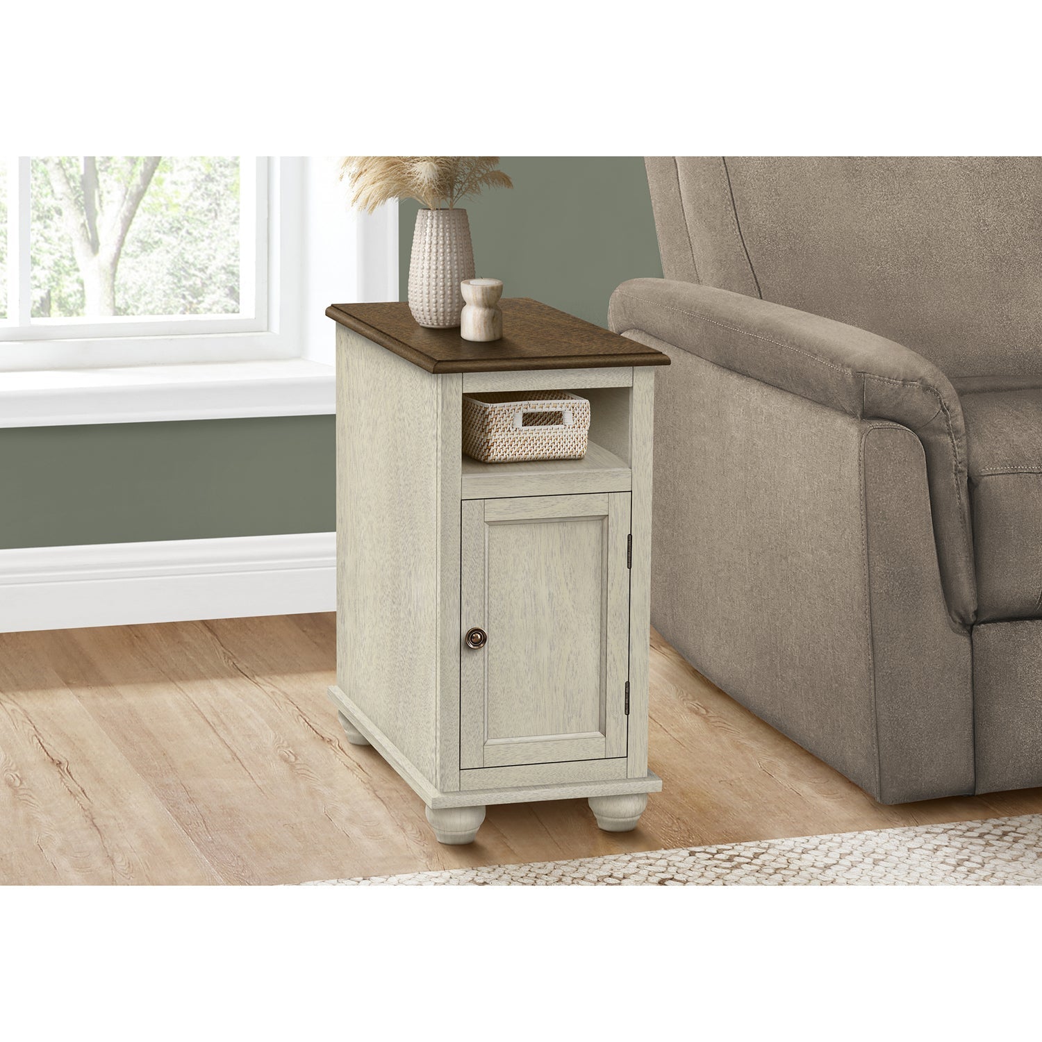 Monarch Specialties I 3965 - Accent Table, End, Side Table, Bedroom, Nightstand, Narrow, Lamp, Storage, Antique White Veneer, Brown Veneer,