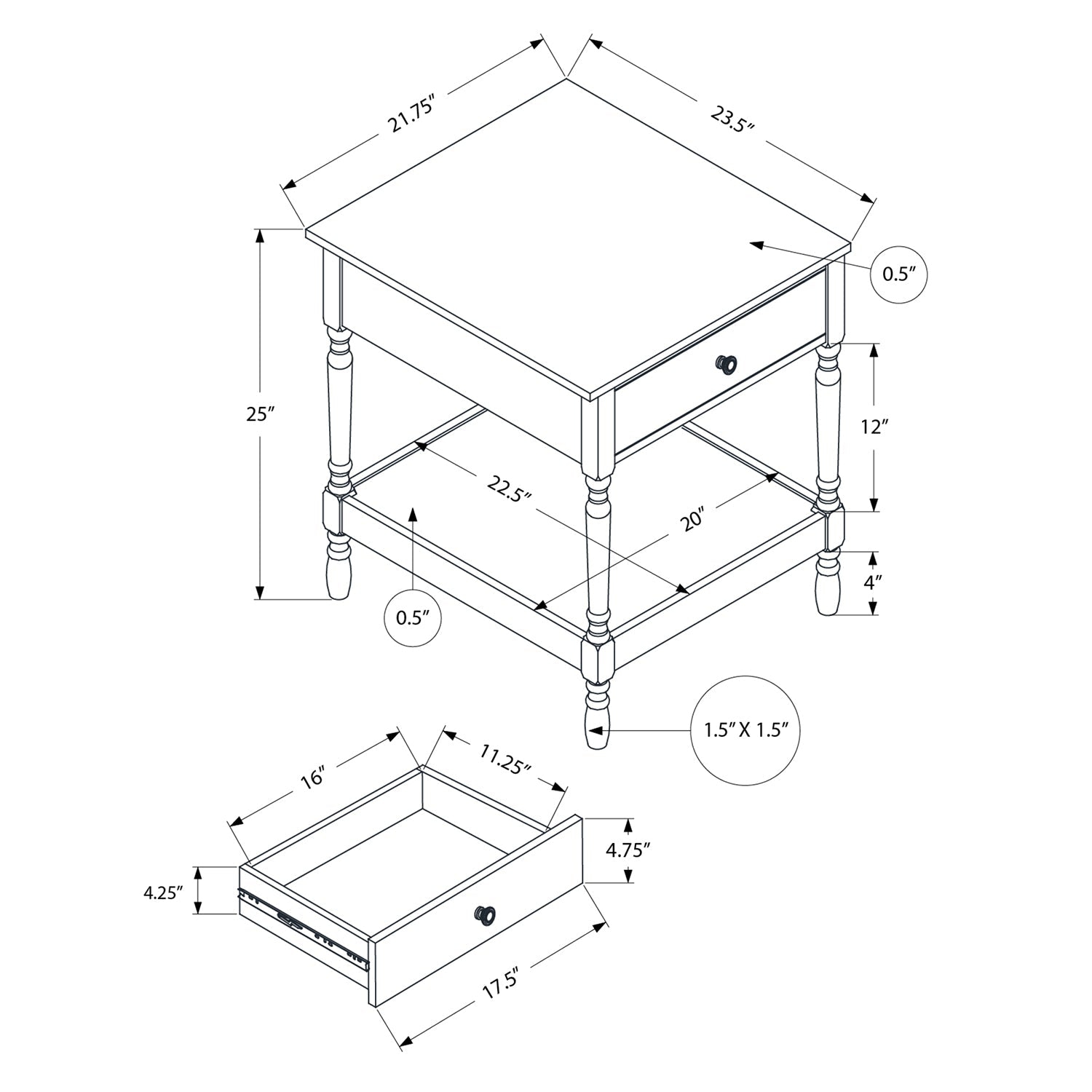 Monarch Specialties I 3976 - Table d'appoint, 2 niveaux, bout, table d'appoint, carrée, table de chevet, chambre à coucher, lampe, placage brun,