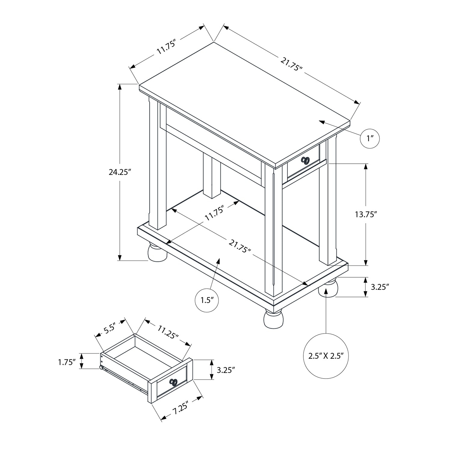 Monarch Specialties I 3967 - Accent Table, End, Side Table, Narrow, Nightstand, Bedroom, Lamp, Storage Drawer, Brown Veneer, Traditional