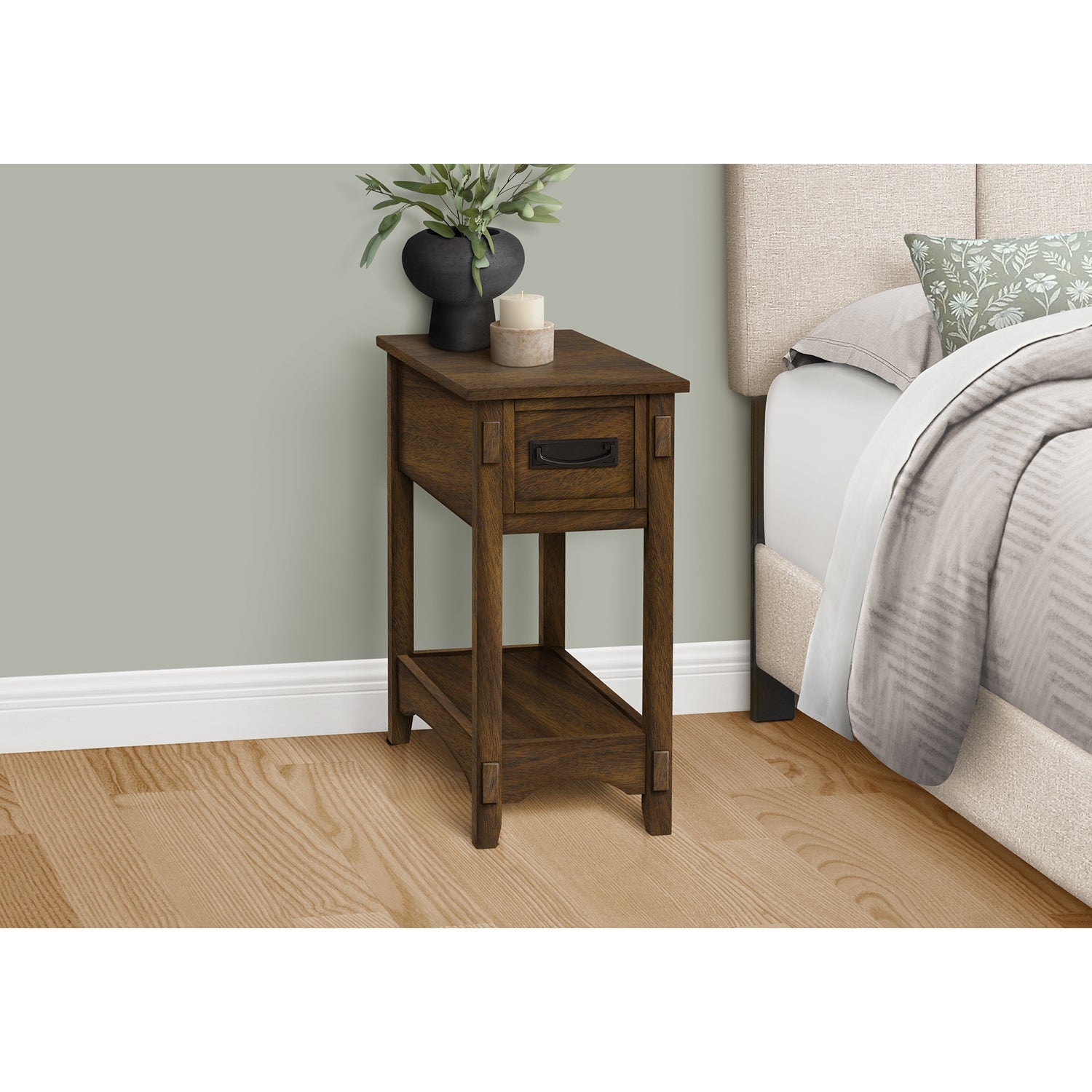 Monarch Specialties I 3955 - Accent Table, End, Side Table, Nightstand, 2 Tier, Narrow, Storage Drawer, Brown Veneer, Transitional