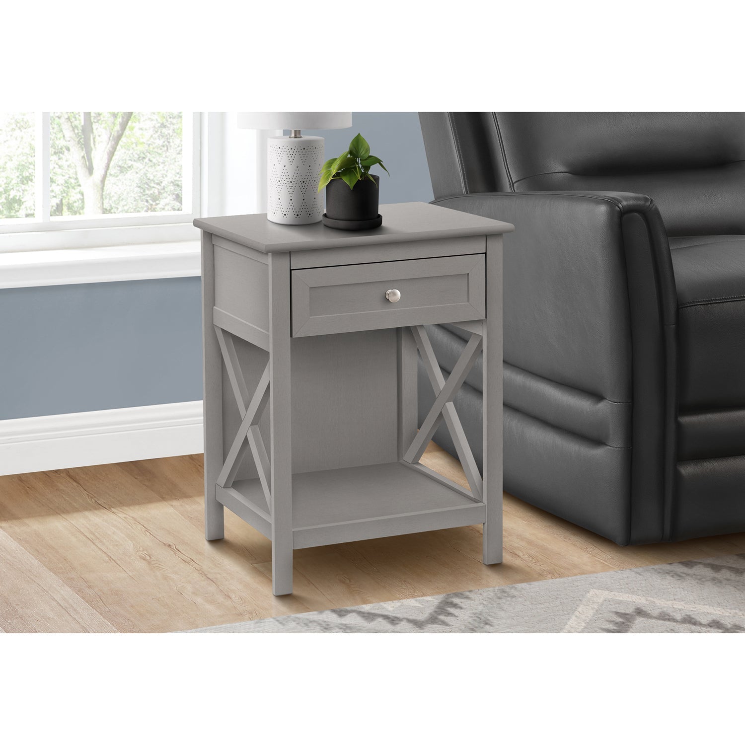 Monarch Specialties I 3985 - Accent Table, End, Side Table, 2 Tier, Bedroom, Nightstand, Lamp, Storage Drawer, Antique Grey Veneer, Transitional