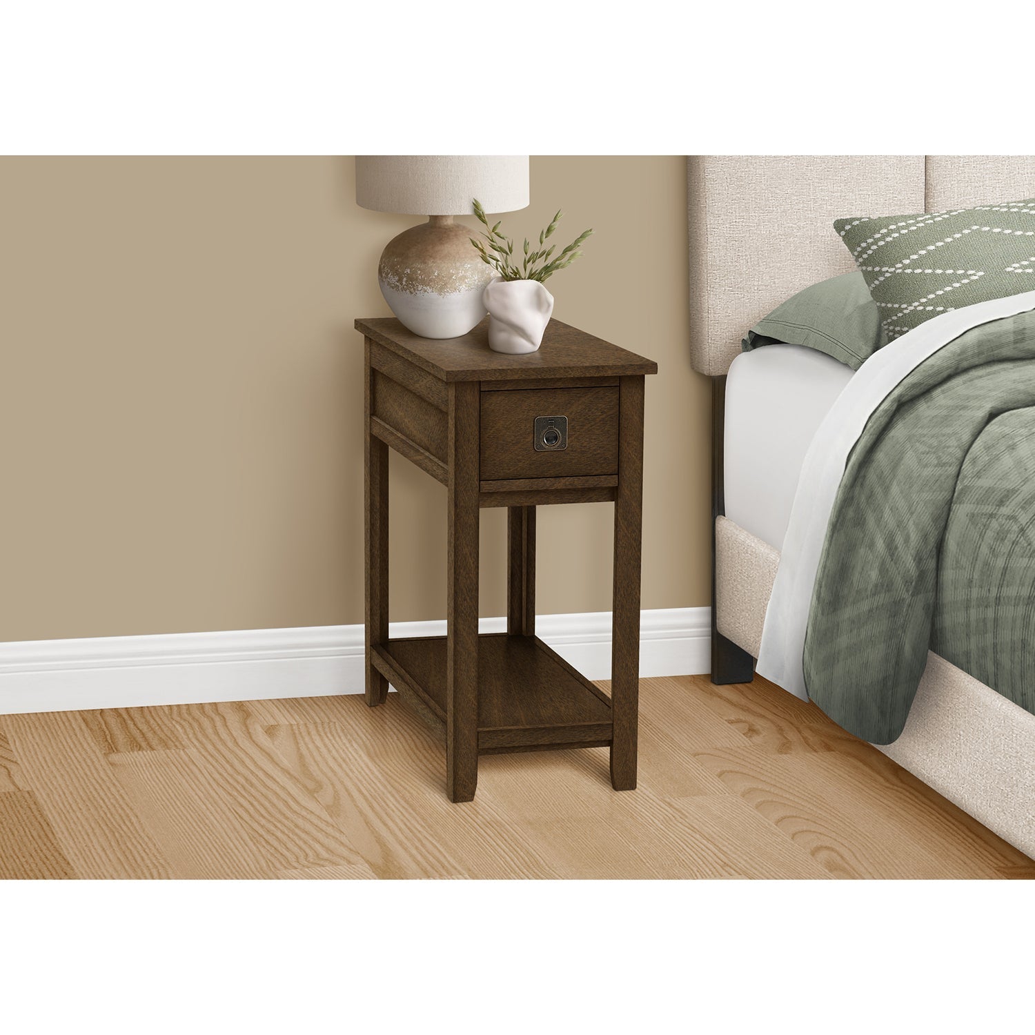 Monarch Specialties I 3953 - Accent Table, End, Side Table, Nightstand, Bedroom, Narrow, Storage Drawer, Brown Veneer, Transitional