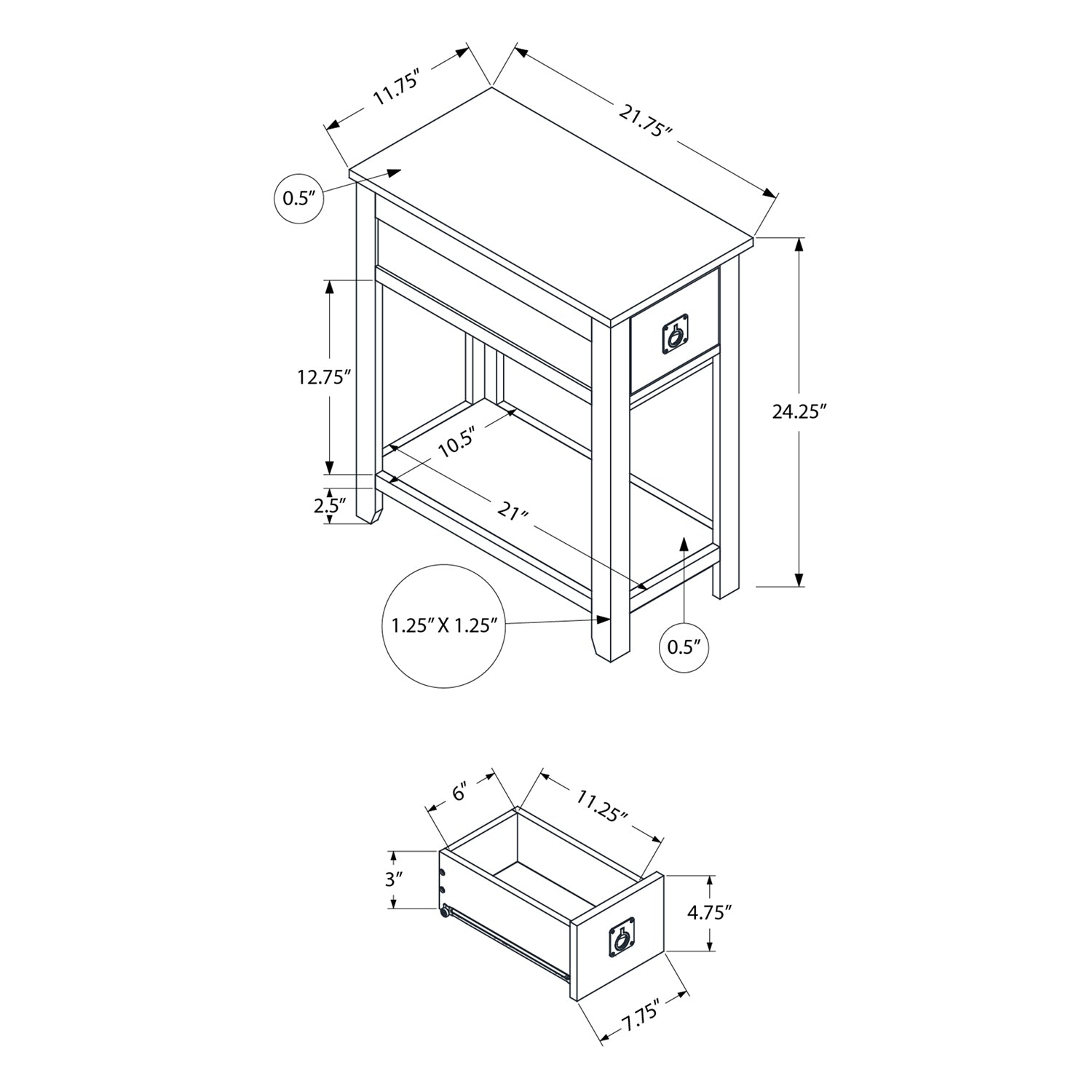 Monarch Specialties I 3953 - Accent Table, End, Side Table, Nightstand, Bedroom, Narrow, Storage Drawer, Brown Veneer, Transitional