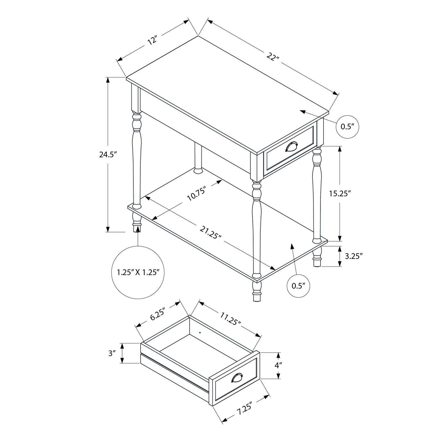 Monarch Specialties I 3969 - Accent Table, 2 Tier, Side Table, End, Narrow, Nightstand, Bedroom, Lamp, Storage Drawer, Brown Veneer, Traditional