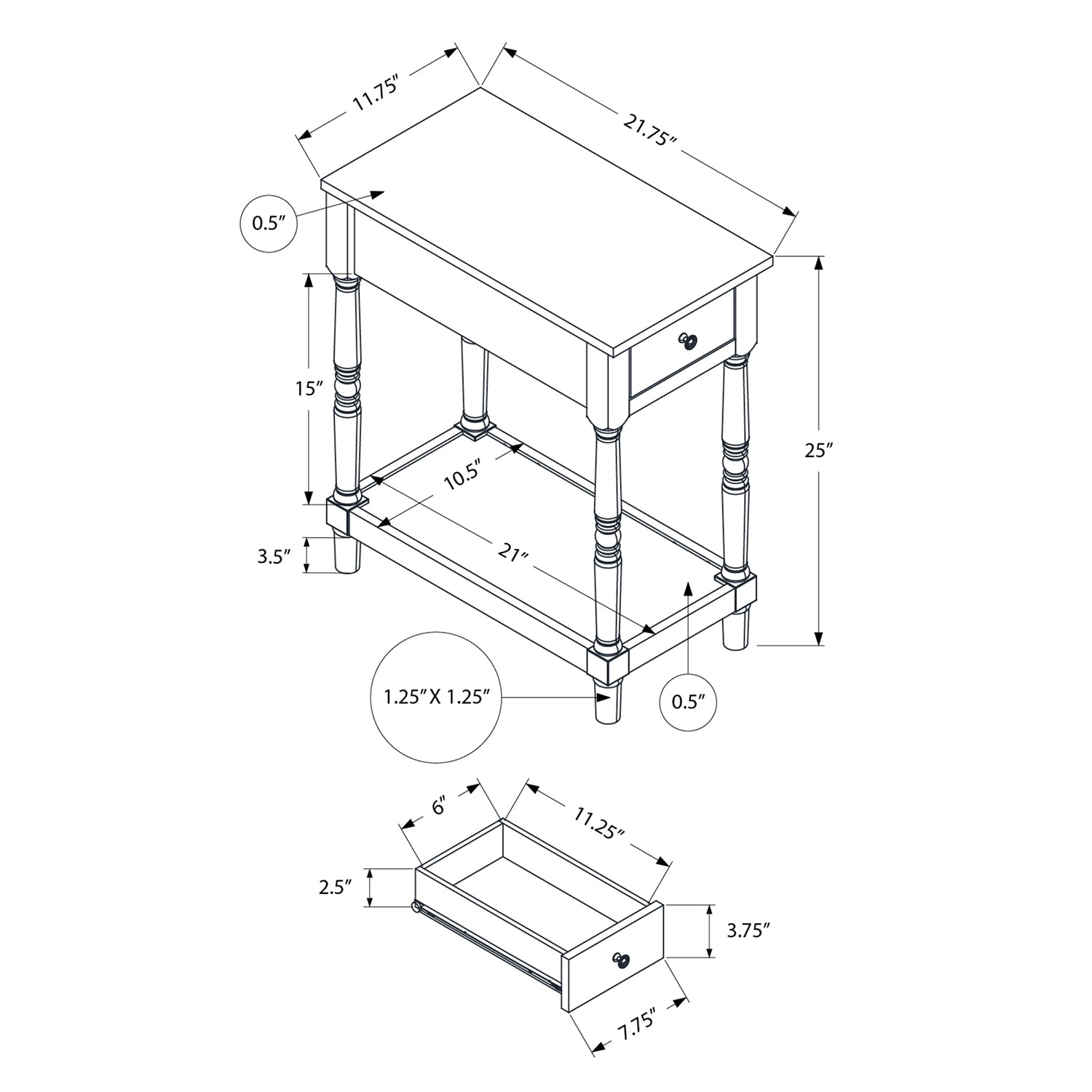 Monarch Specialties I 3958 - Accent Table, 2 Tier, End, Side Table, Nightstand, Bedroom, Narrow, Lamp, Storage Drawer, Brown Veneer, Antique White