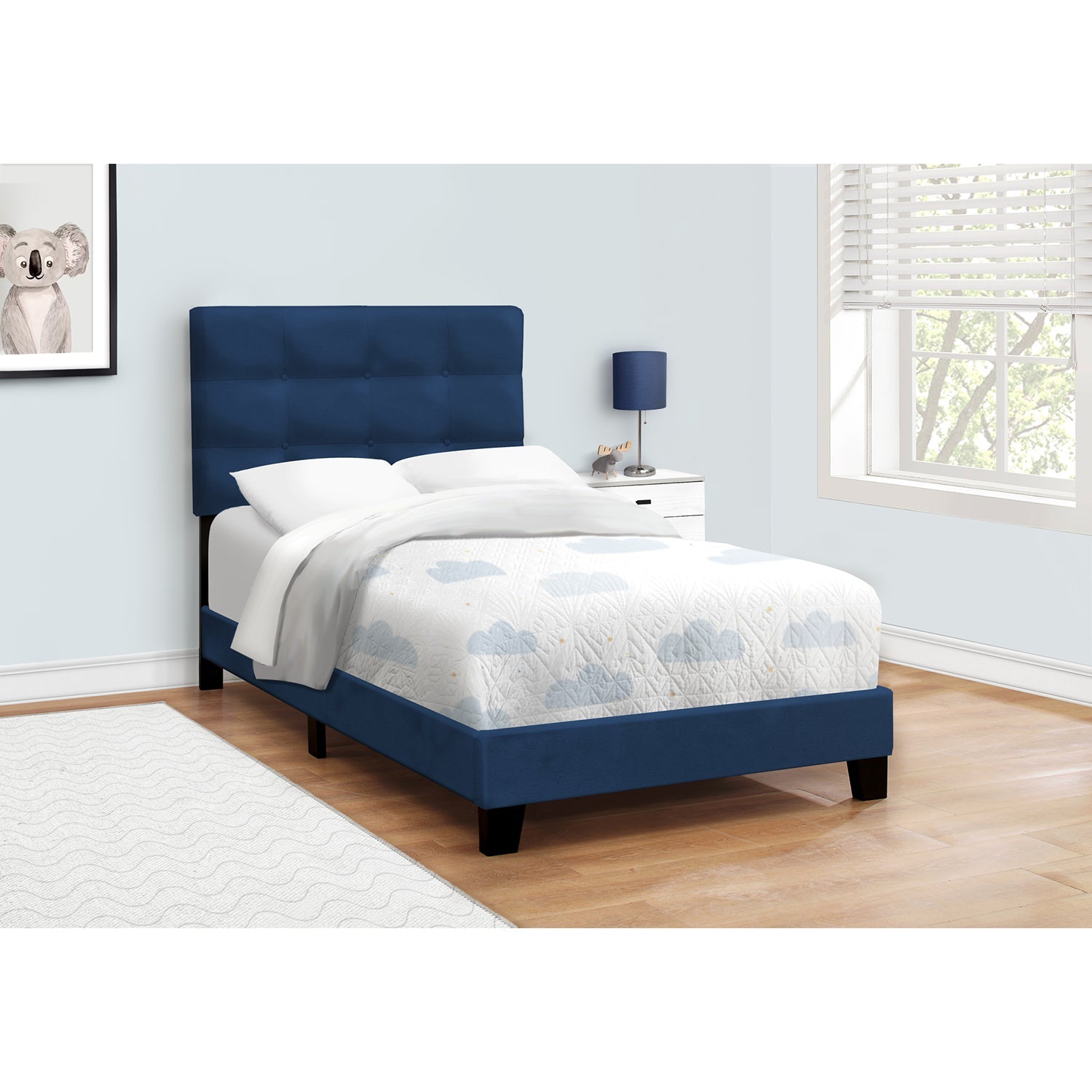 Monarch Specialties I 5918T - Bed, Twin Size, Upholstered, Bedroom, Frame Only, Youth, Teen, Juvenile, Blue Velvet, Transitional