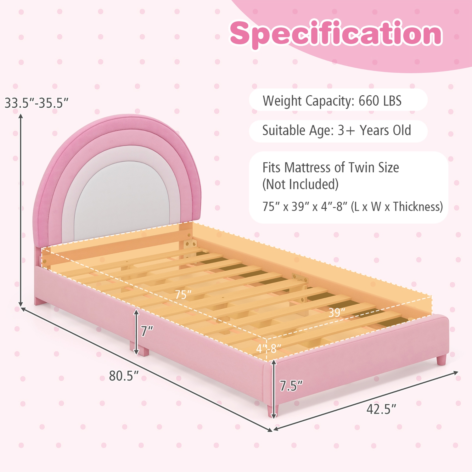 Gymax Kids Twin Platform Bed Frame Upholstered Twin Size Bed w/ Wooden Slats Support