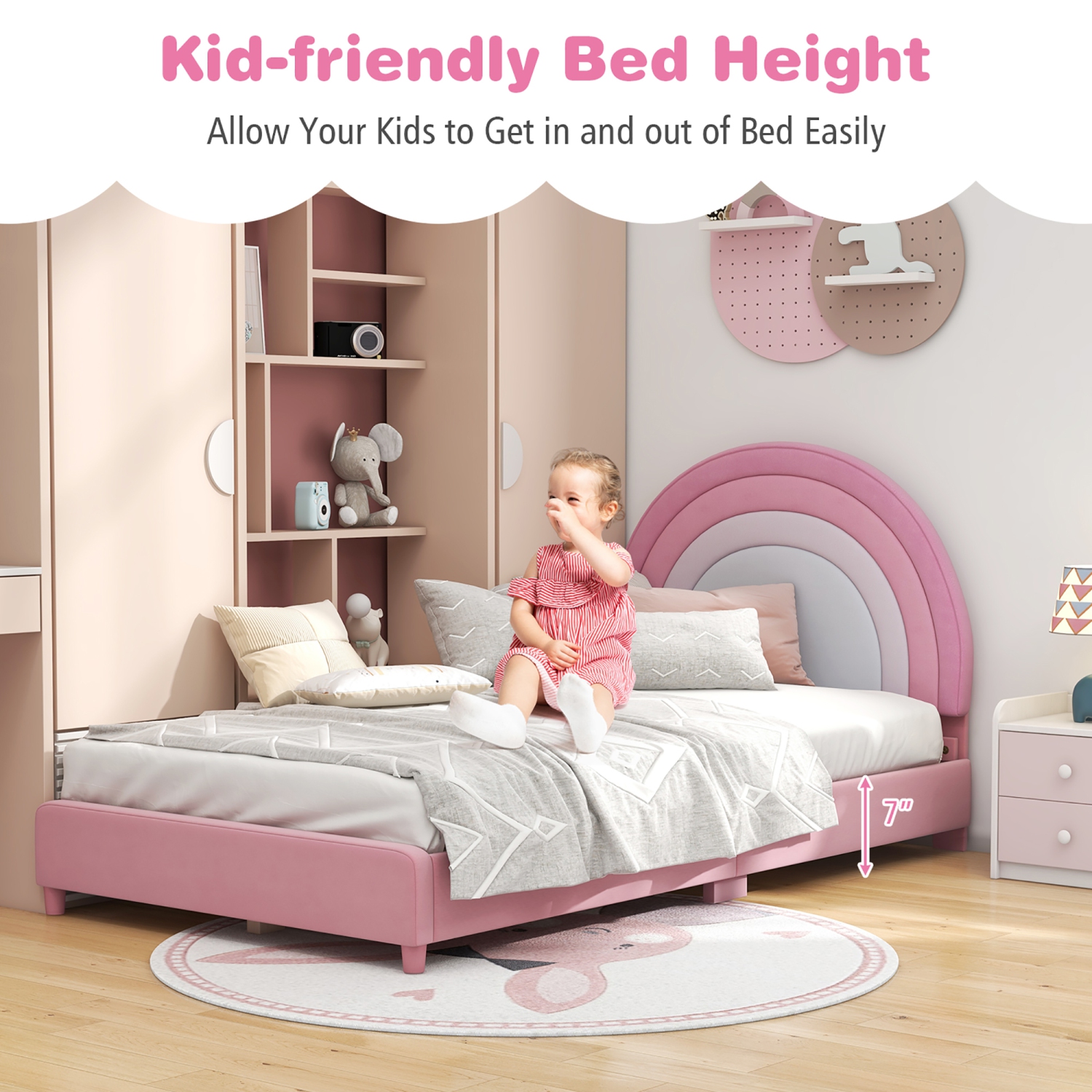 Gymax Kids Twin Platform Bed Frame Upholstered Twin Size Bed w/ Wooden Slats Support