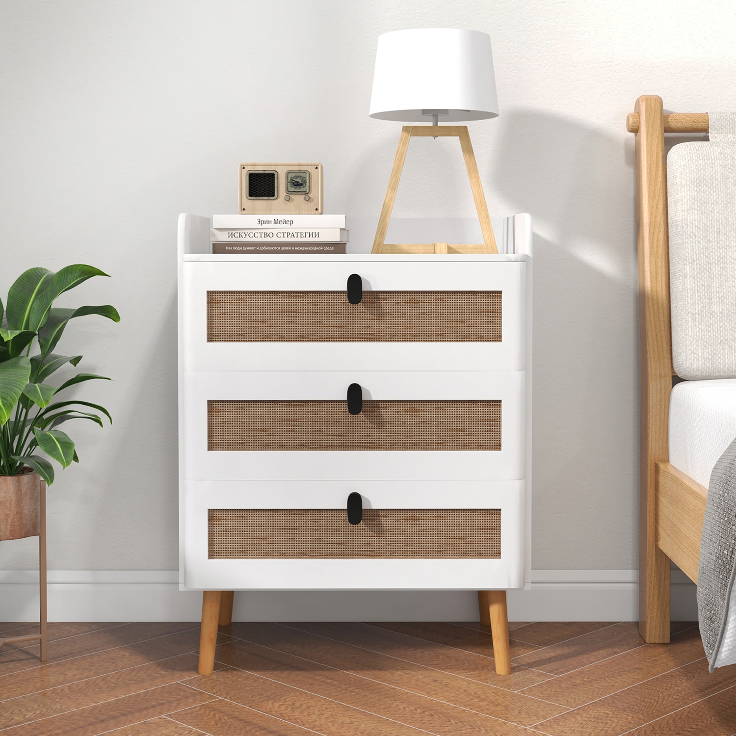 Gymax Modern Nightstand End Bedside Table w/ 3 Rattan Drawers & Solid Wood Legs White