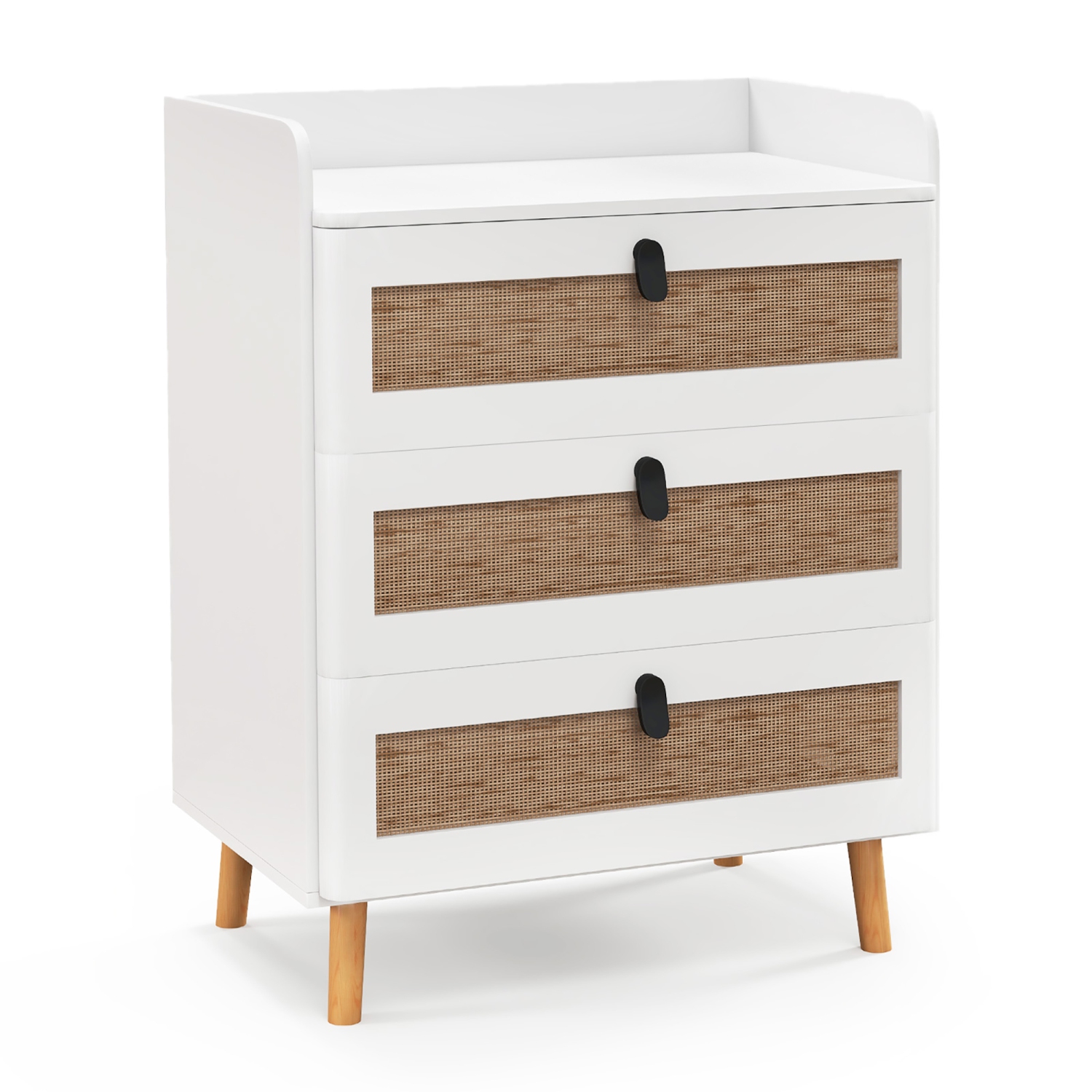 Gymax Modern Nightstand End Bedside Table w/ 3 Rattan Drawers & Solid Wood Legs White