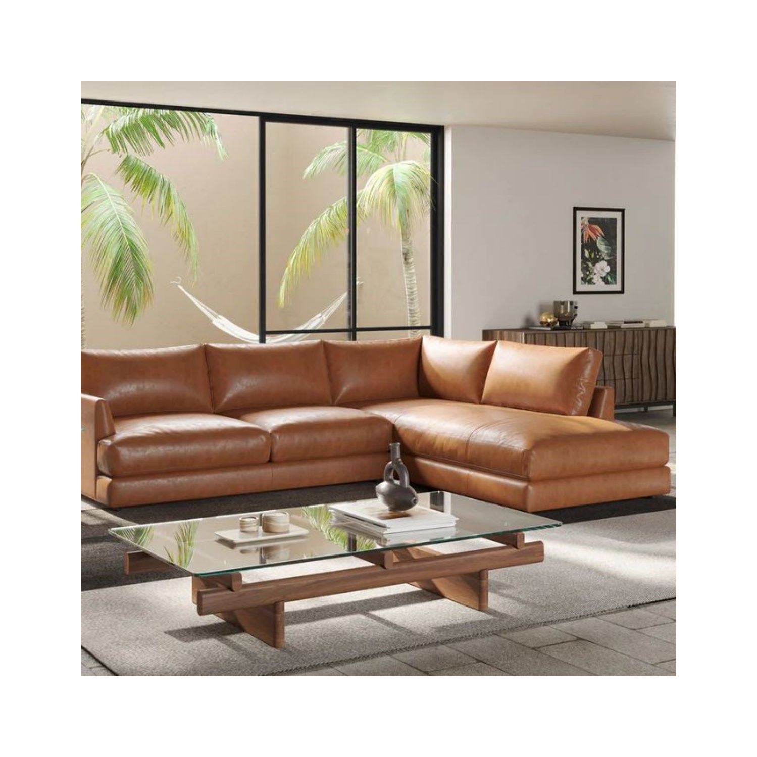 Valencia Serena Leather L-Shape with Right Bumper Chaise Sectional Sofa, Cognac Color