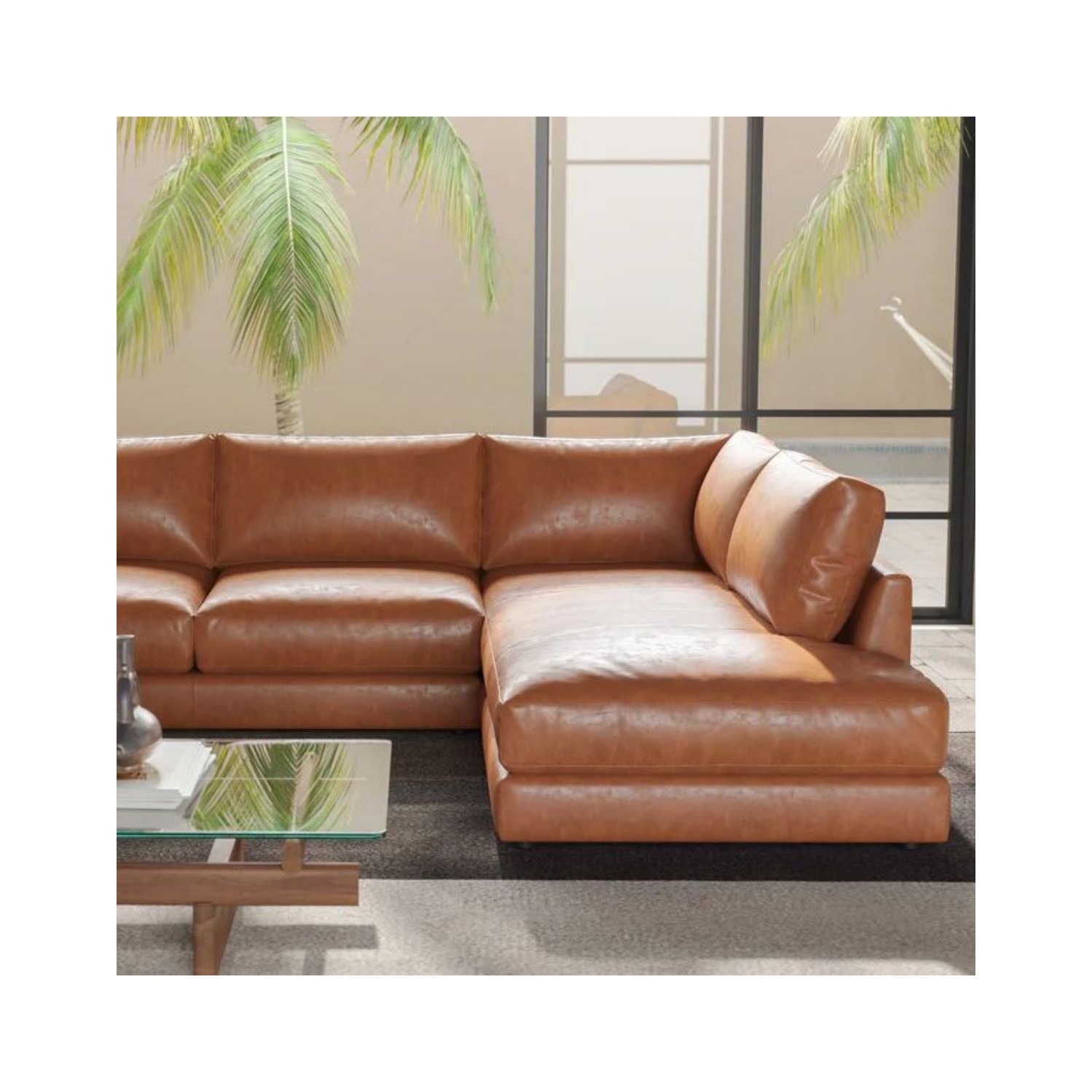 Valencia Serena Leather L-Shape with Right Bumper Chaise Sectional Sofa, Cognac Color