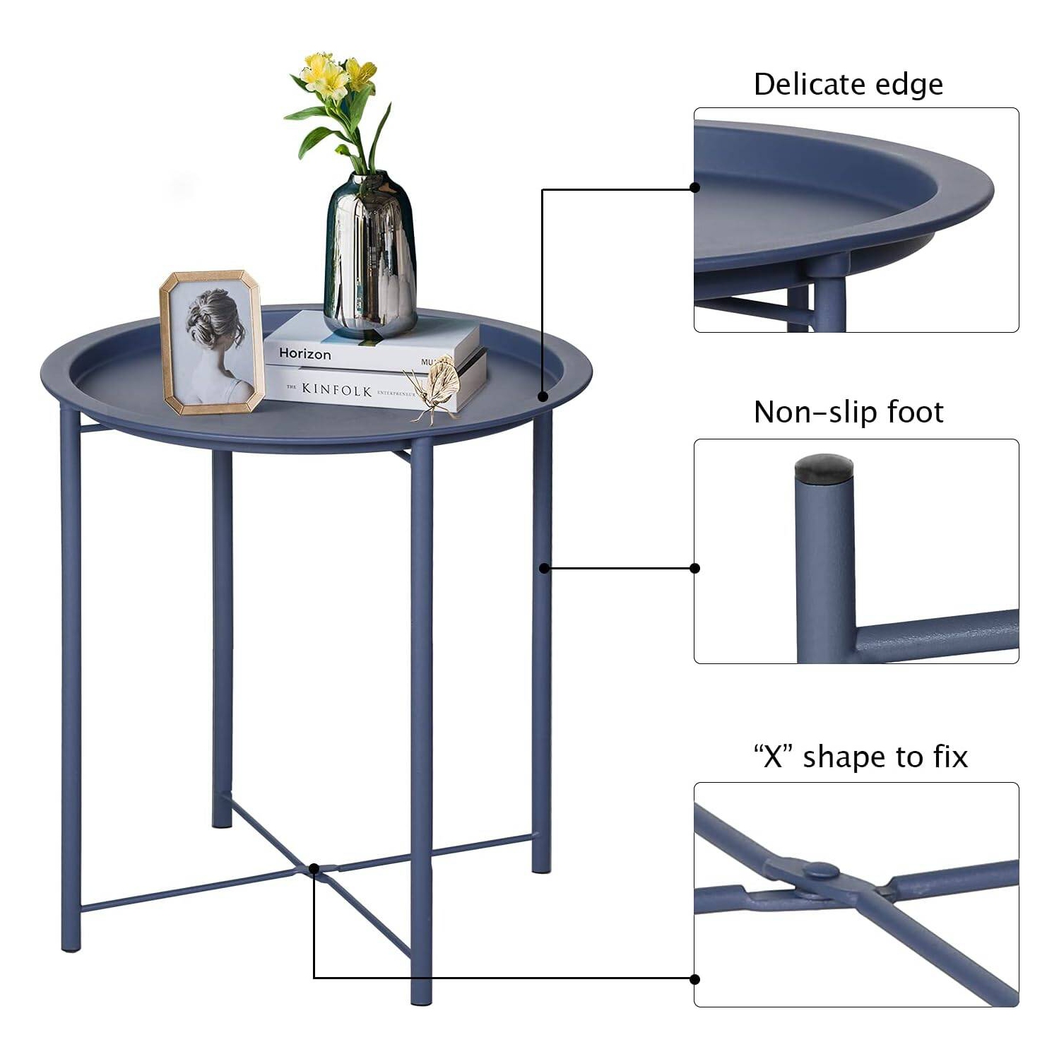 Side/End Table, Folding Round Metal Waterproof Anti-Rust Outdoor / Indoor Tray for Living Room, Bedroom, Balcony and Office, set of 2 Bue
