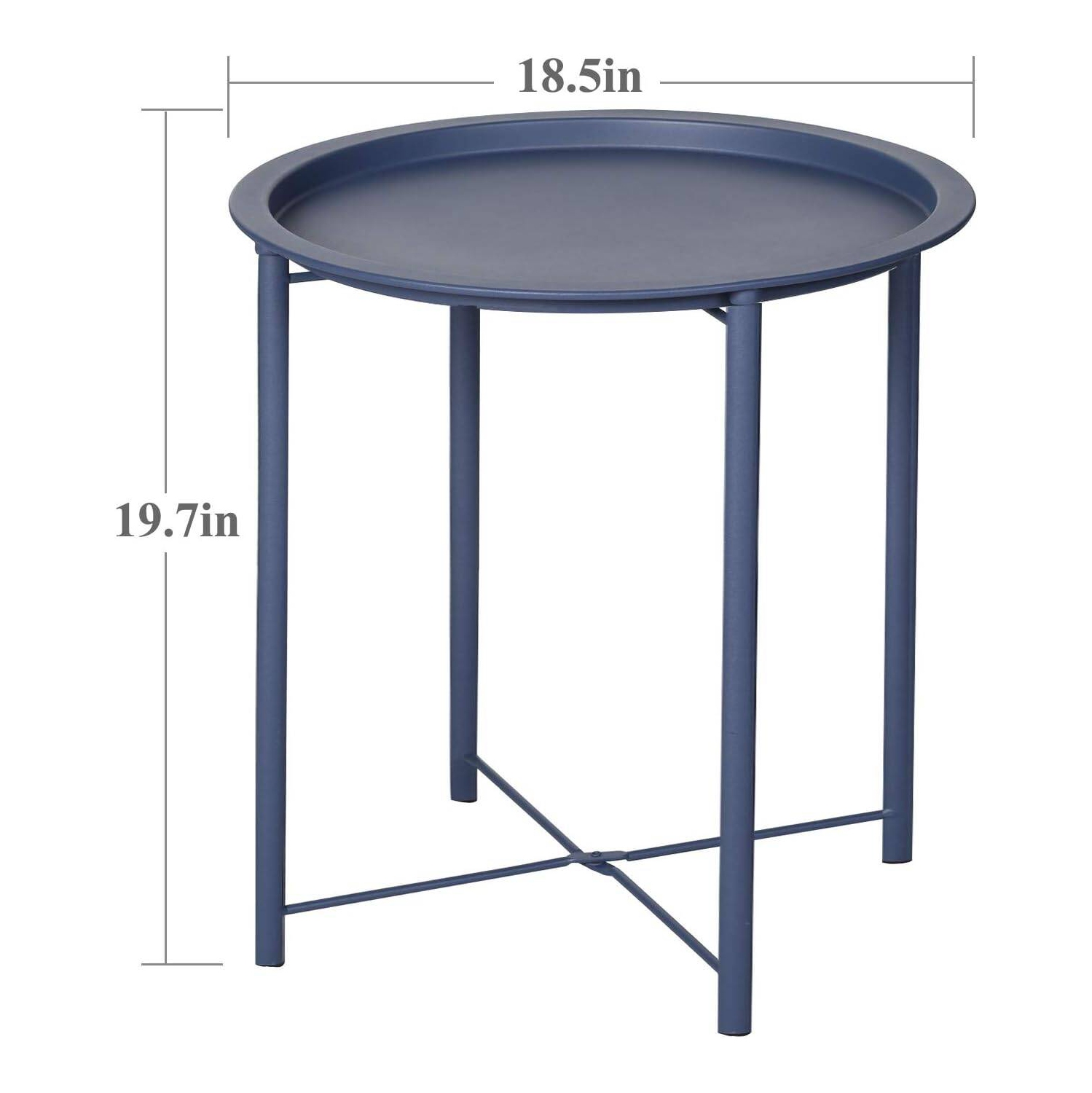 Side/End Table, Folding Round Metal Waterproof Anti-Rust Outdoor / Indoor Tray for Living Room, Bedroom, Balcony and Office, set of 2 Bue