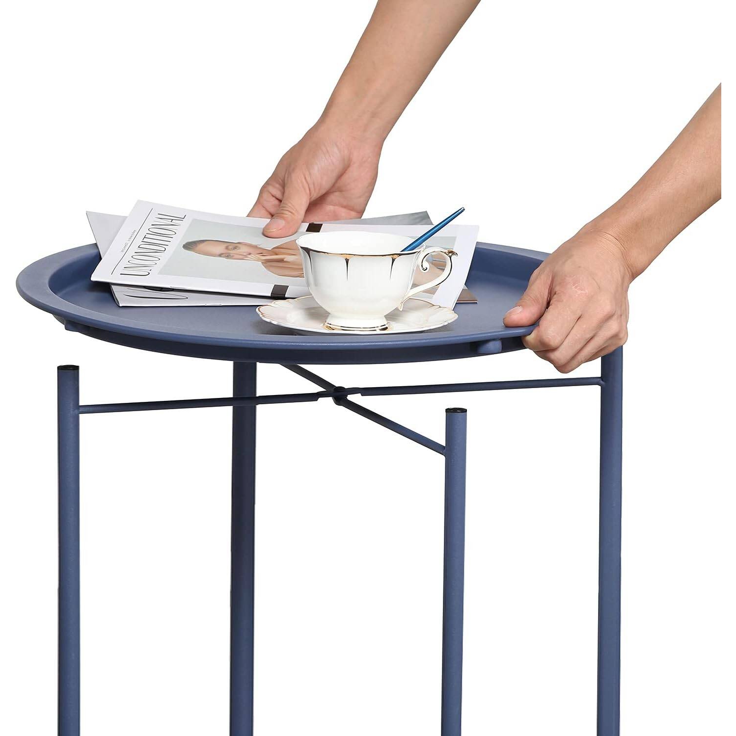 Side/End Table, Folding Round Metal Waterproof Anti-Rust Outdoor / Indoor Tray for Living Room, Bedroom, Balcony and Office, set of 2 Bue