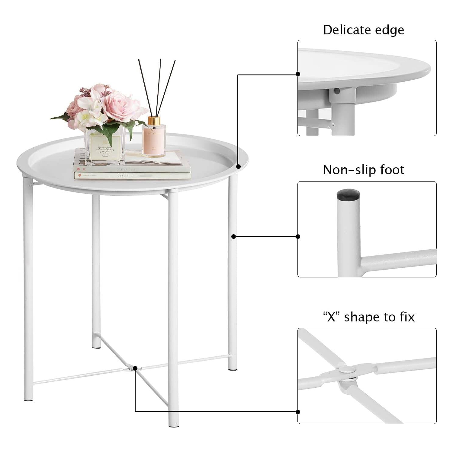 Table d'extrémité/latérale, plateau extérieur / intérieur pliant en métal rond, résistant à la rouille, pour le salon, chambre, balcon et bureau, 1